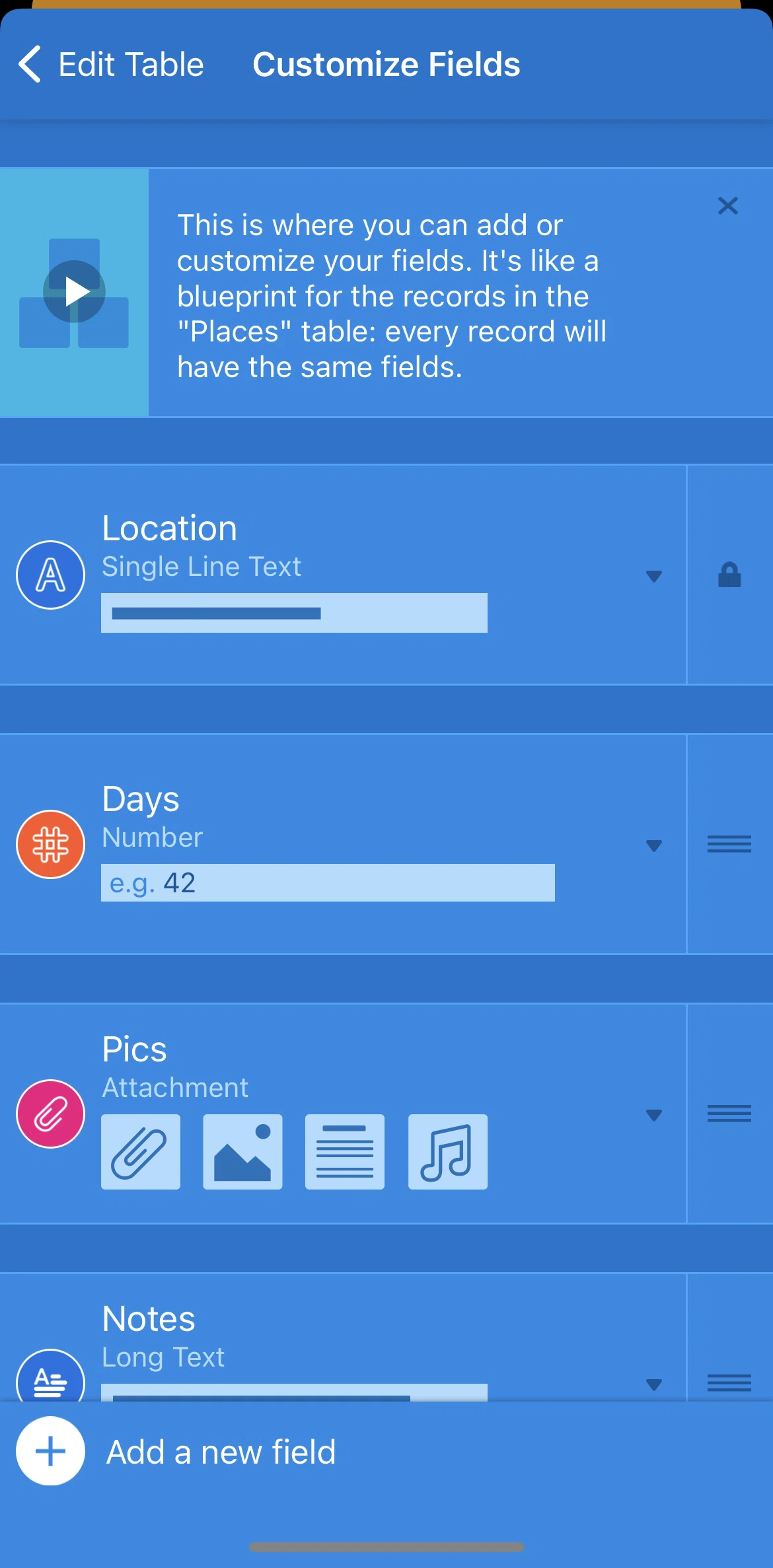 Airtable Screen screen in the Adding a field flow