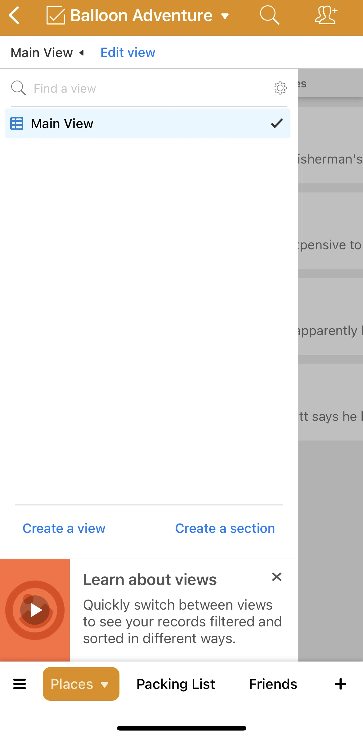 Airtable Screen screen in the Creating a section flow