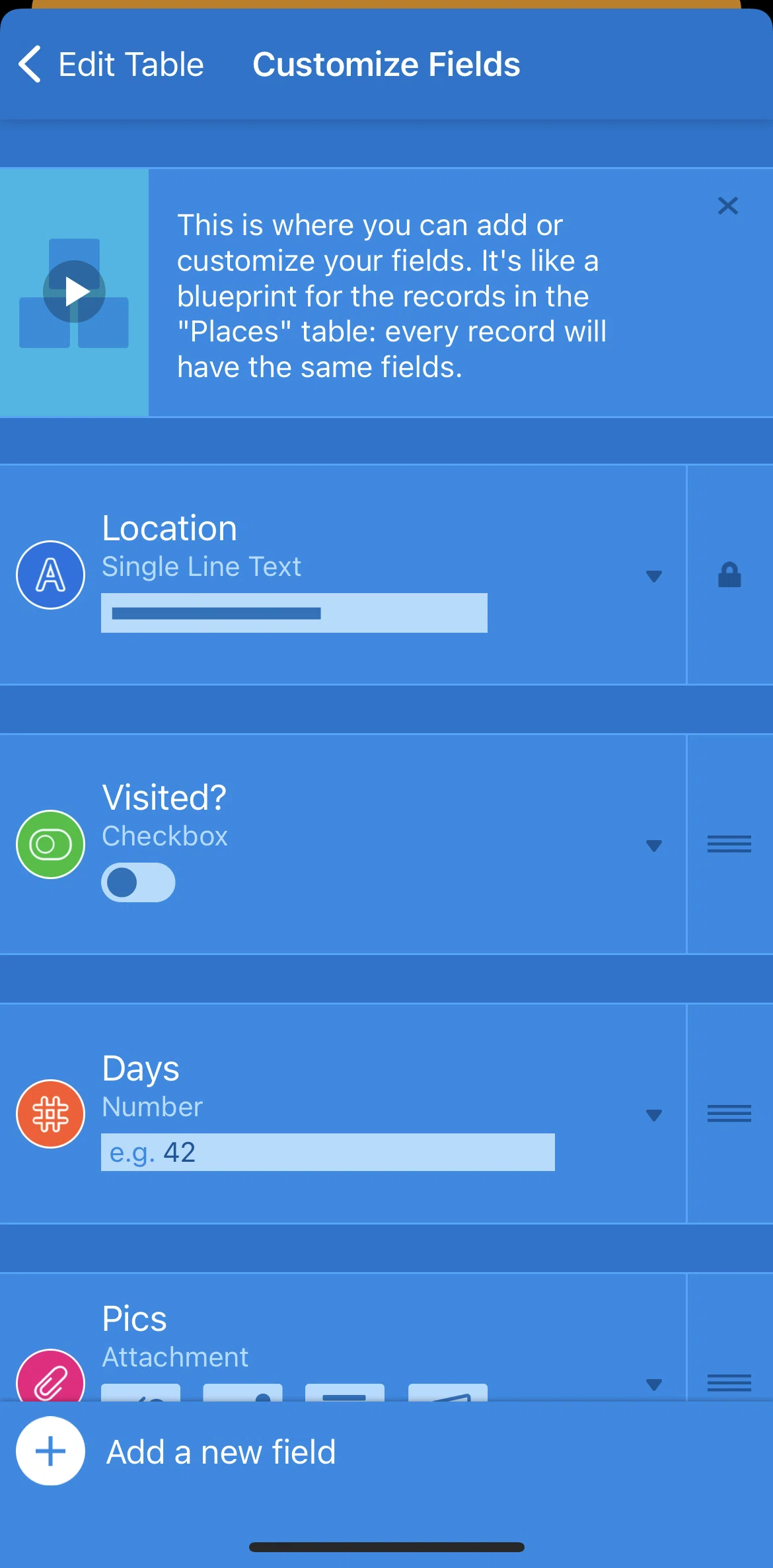 Airtable Screen screen in the Fields tutorial flow