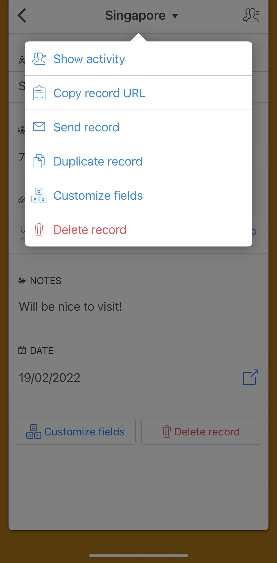 Airtable Screen screen in the Sending record flow