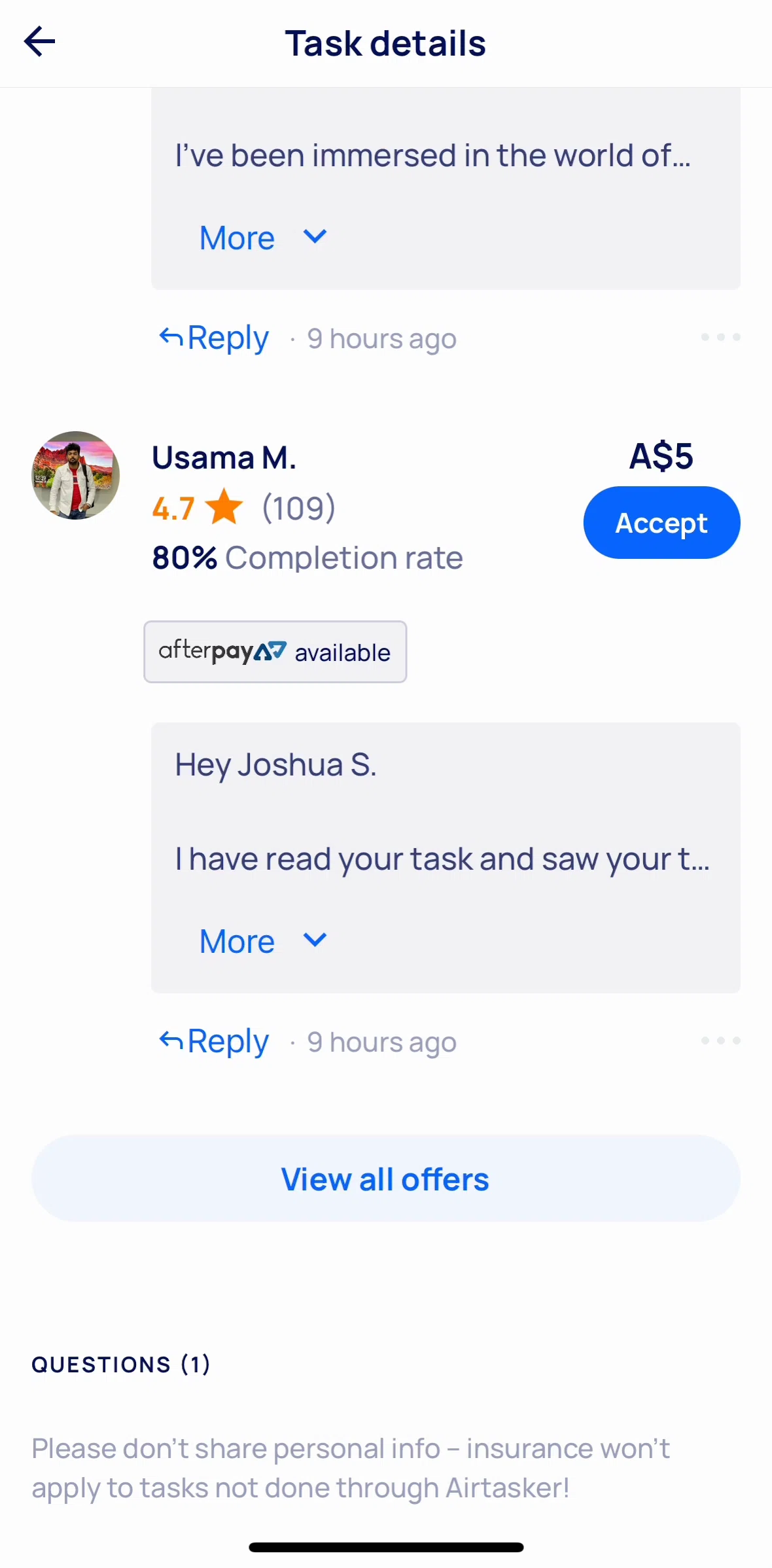 Airtasker Screen screen in the Accepting an offer flow