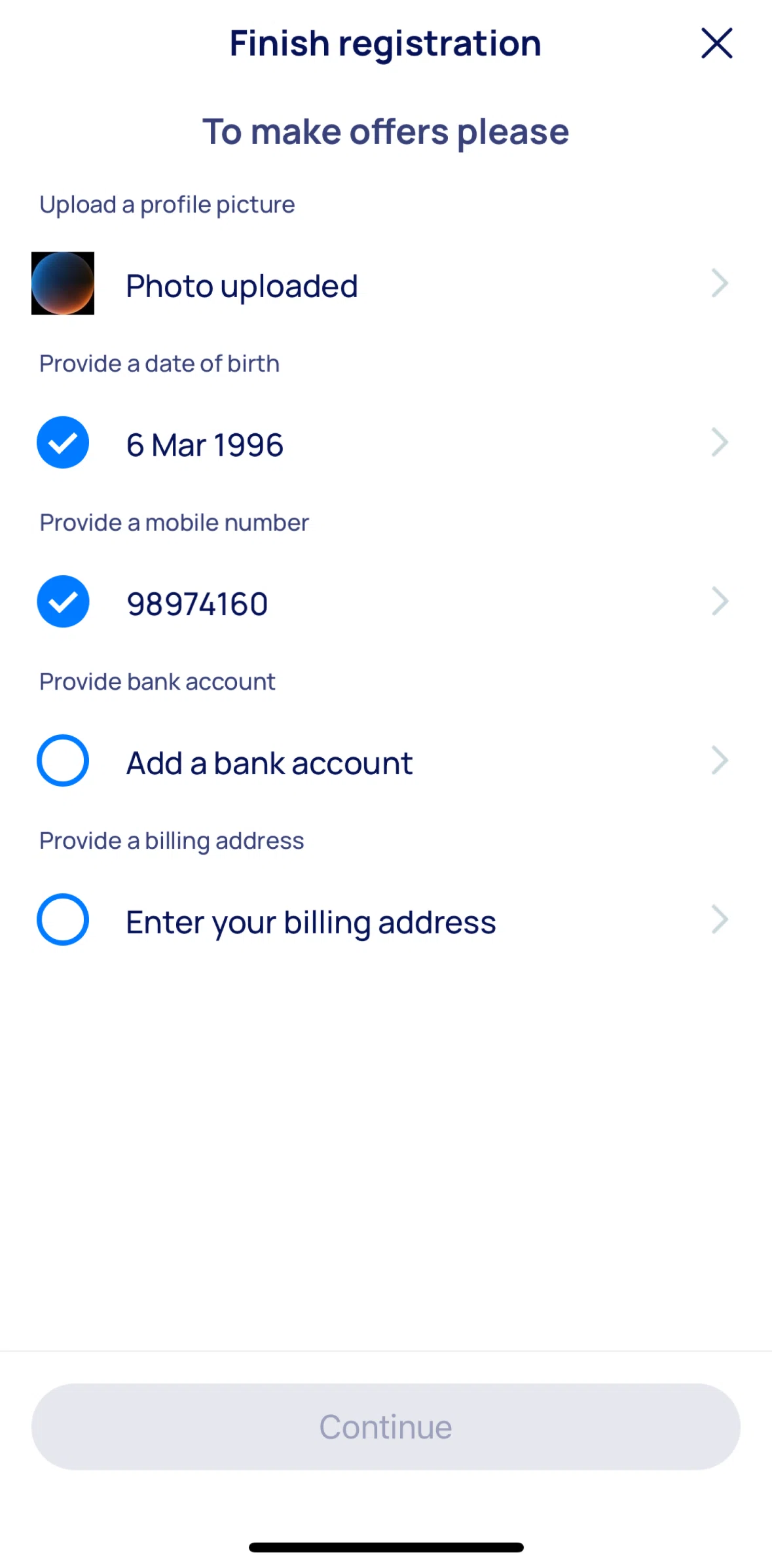 Airtasker Screen screen in the Adding a bank account flow