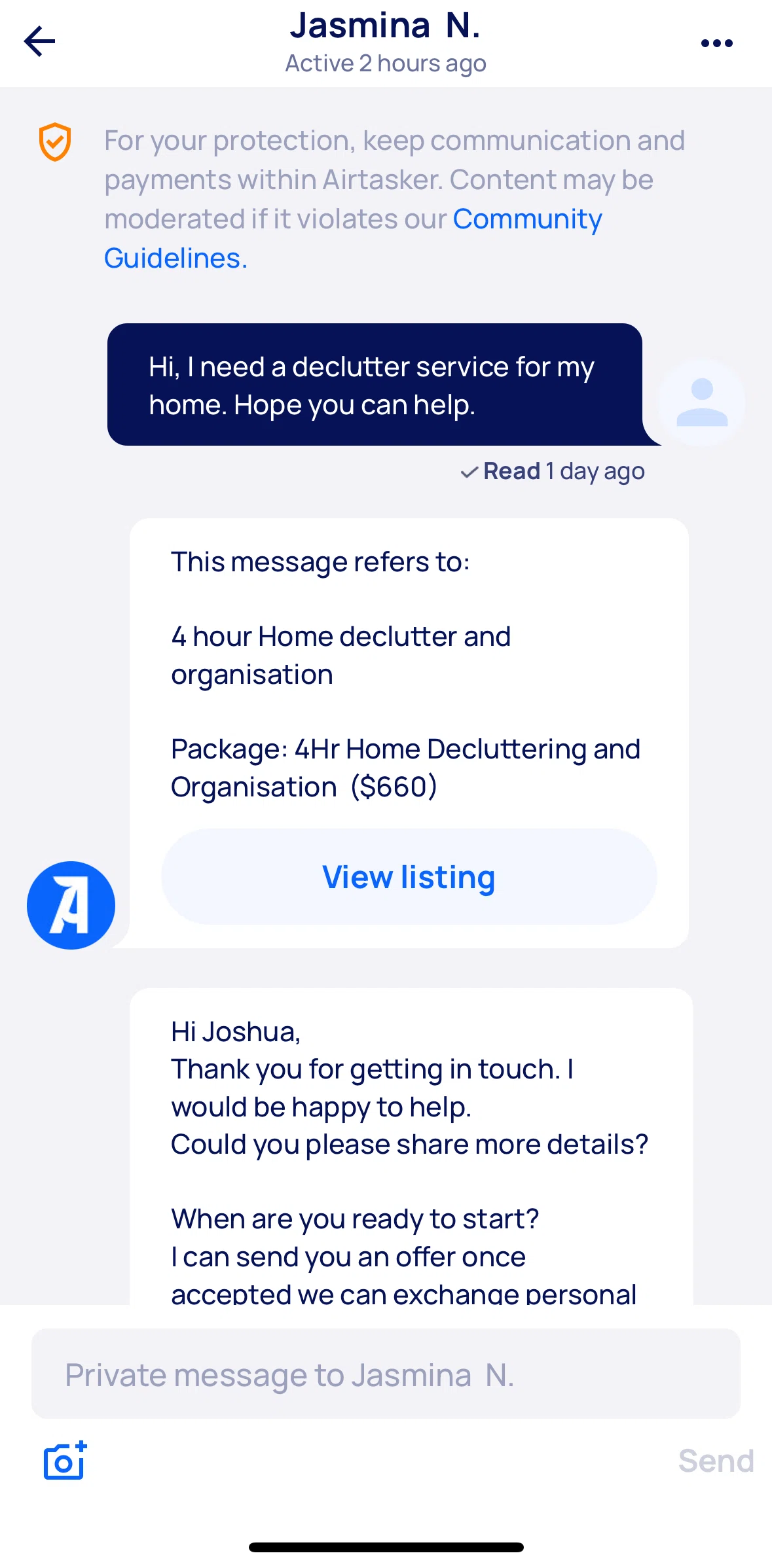 Airtasker Screen screen in the Blocking messages from a user flow