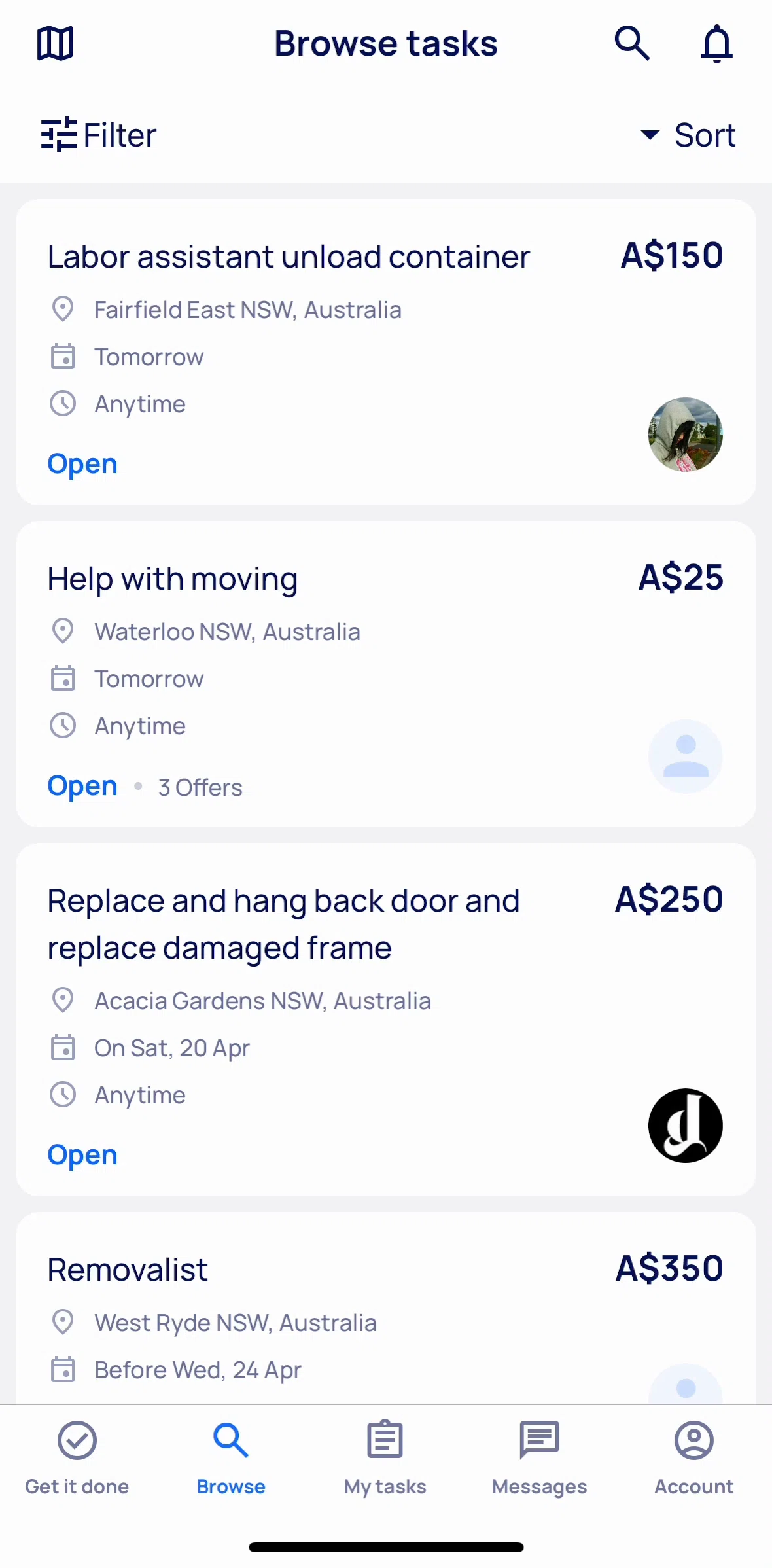 Airtasker Screen screen in the Browse tasks by map flow