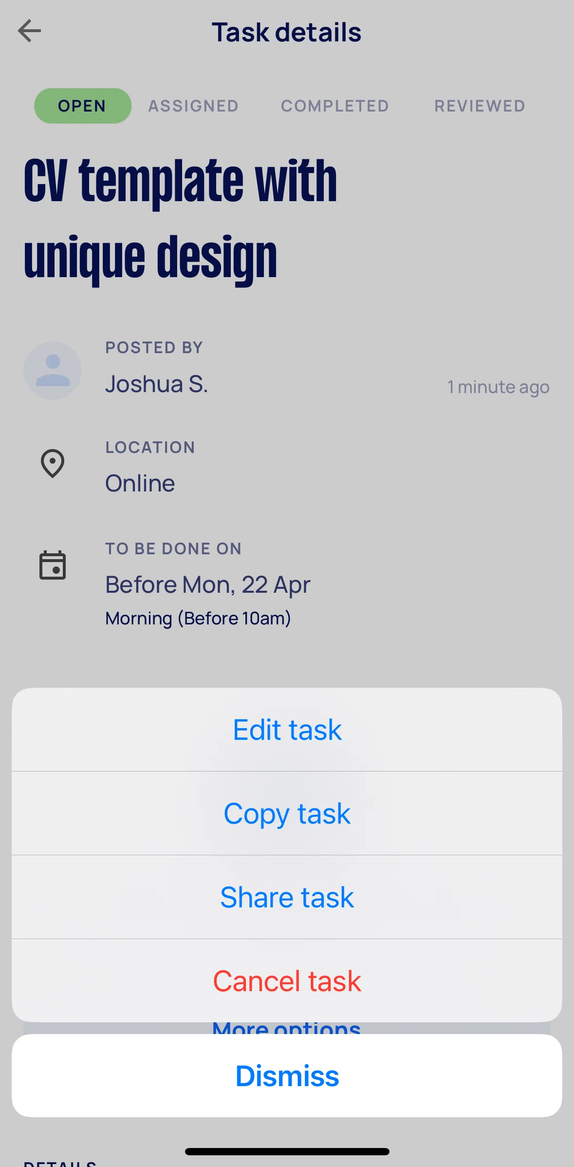 Airtasker Screen screen in the Canceling a task flow