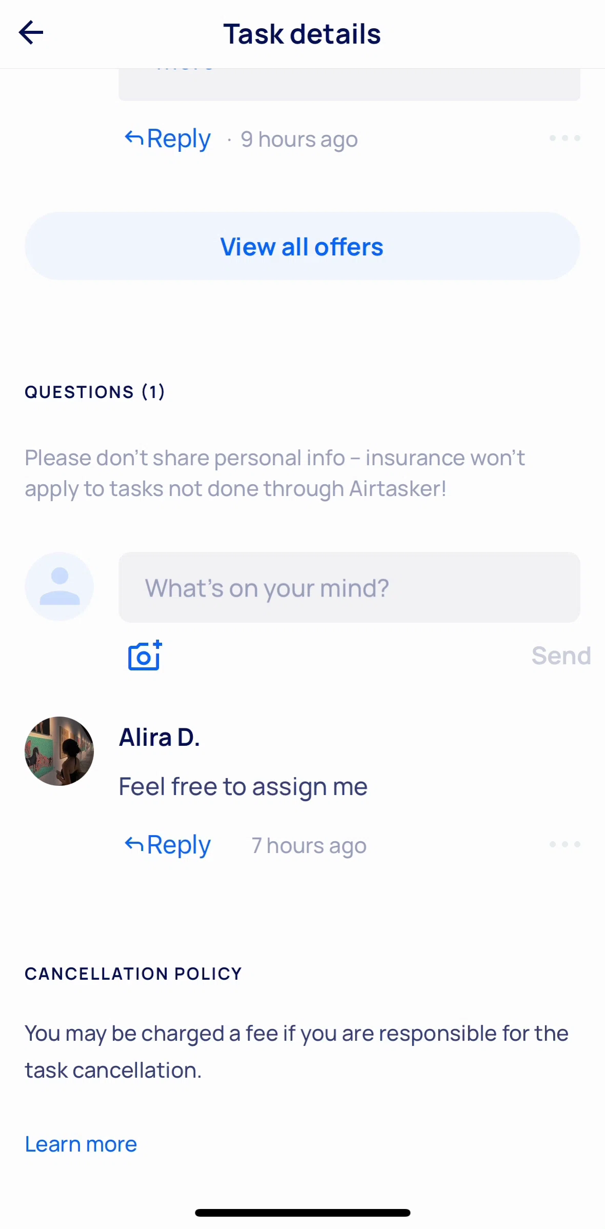Airtasker Screen screen in the Cancellation policy flow