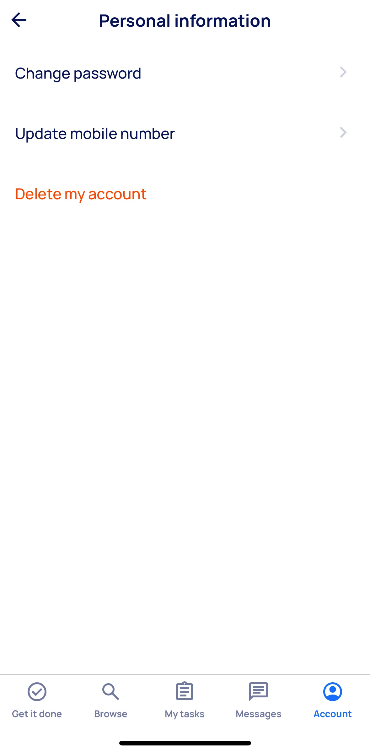 Airtasker Screen screen in the Deleting an account flow