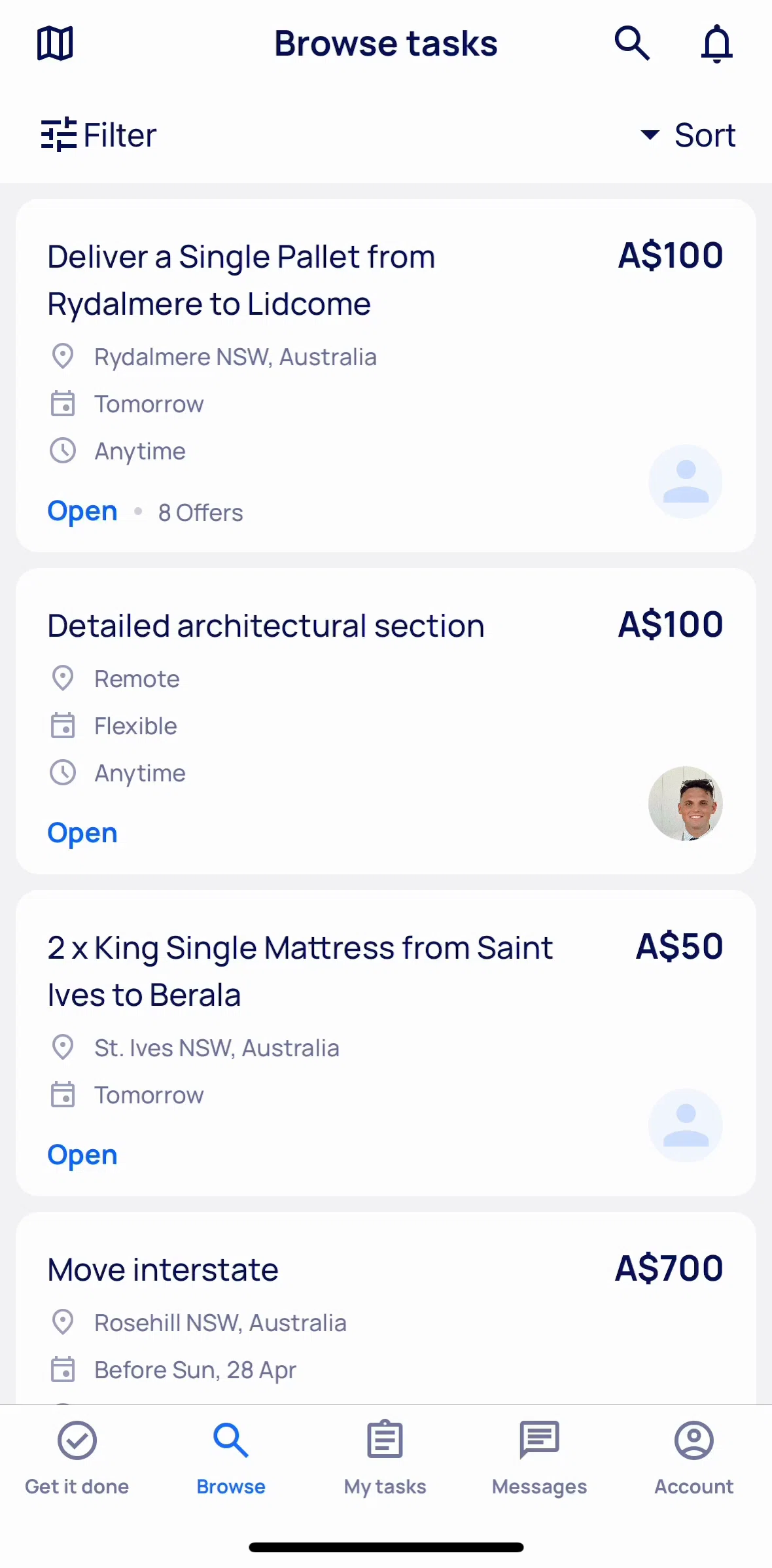 Airtasker Screen screen in the Filtering tasks flow