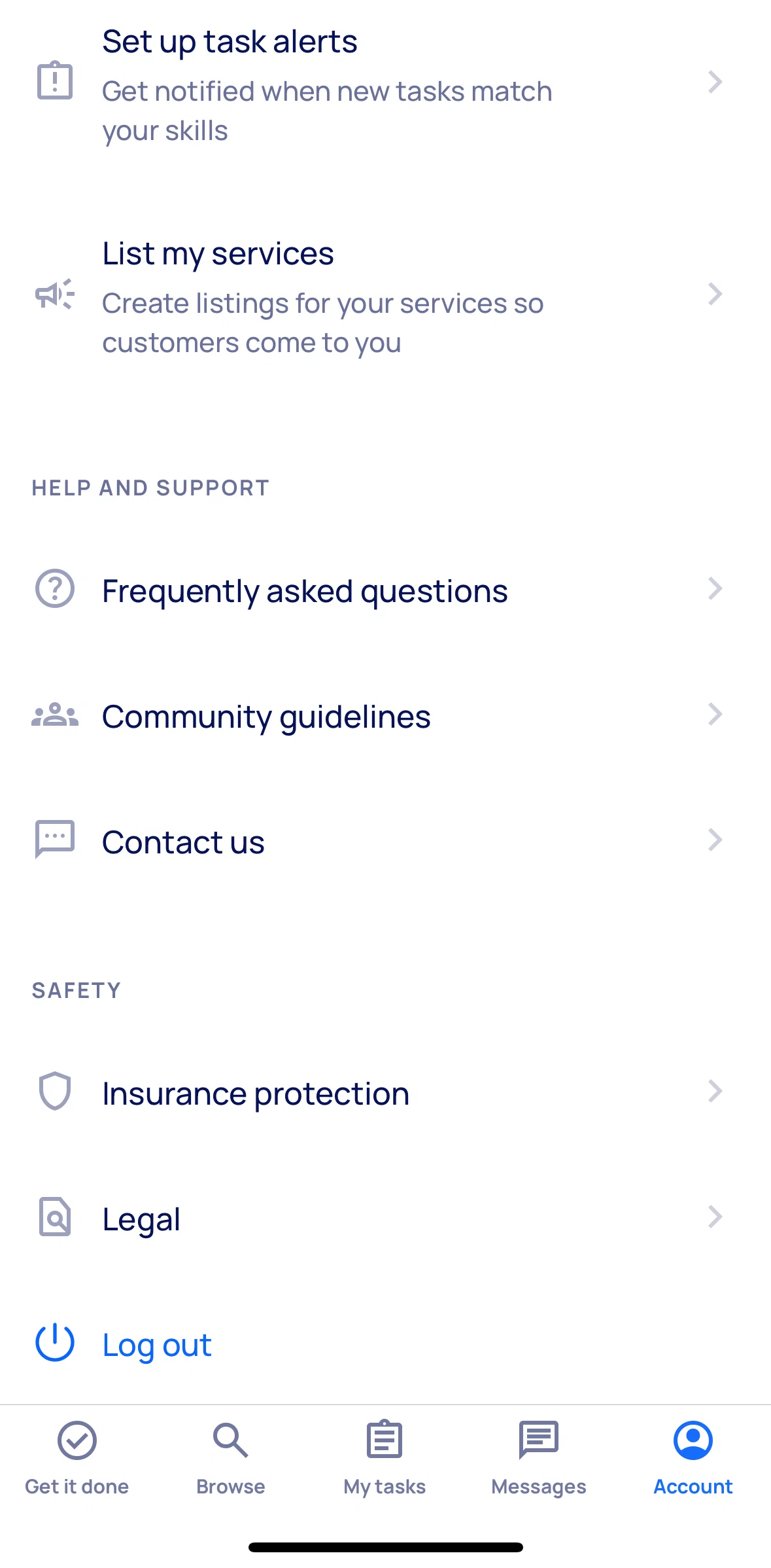 Airtasker Screen screen in the Logging out flow