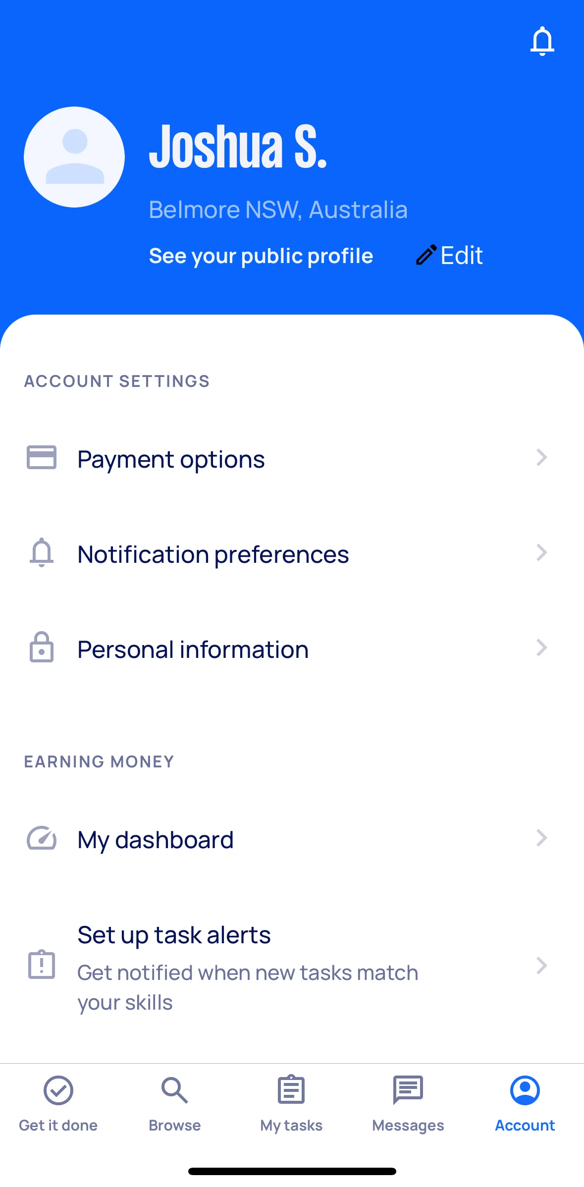 Airtasker Screen screen in the My dashboard flow