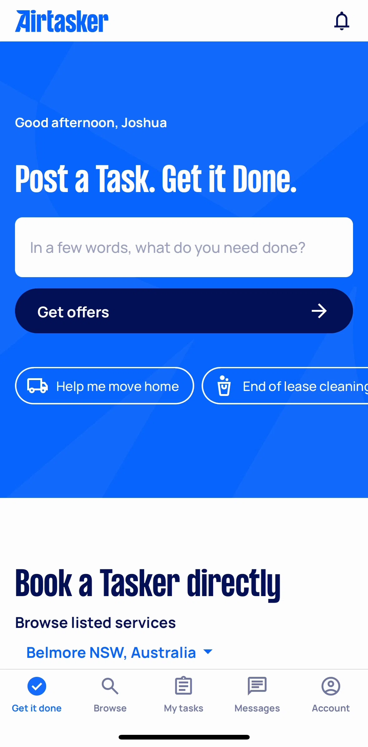 Airtasker Screen screen in the My tasks flow