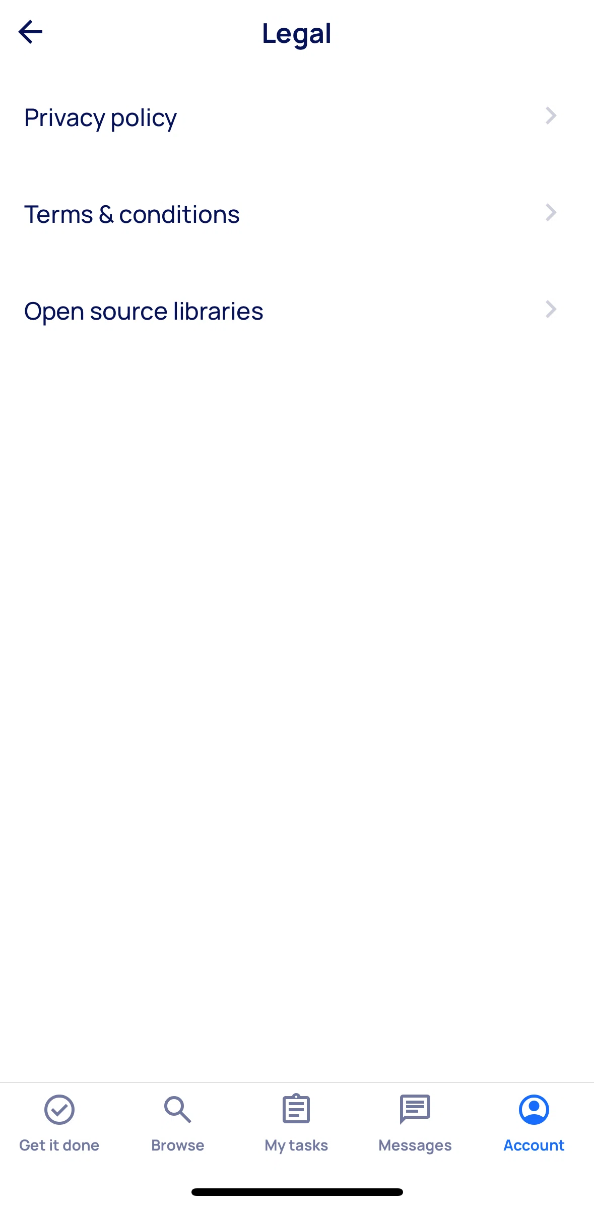 Airtasker Screen screen in the Open source libraries flow