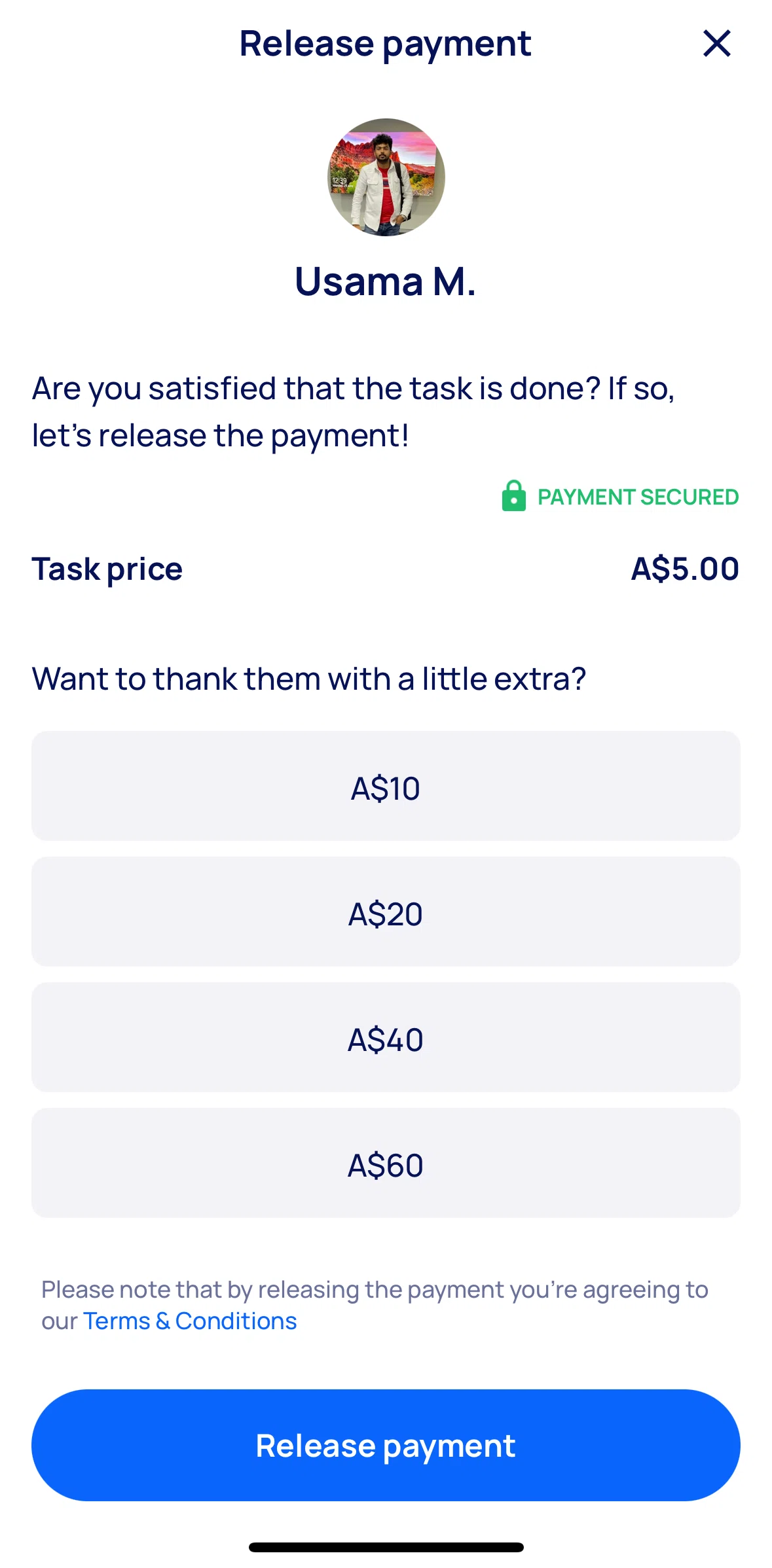 Airtasker Screen screen in the Releasing payment flow