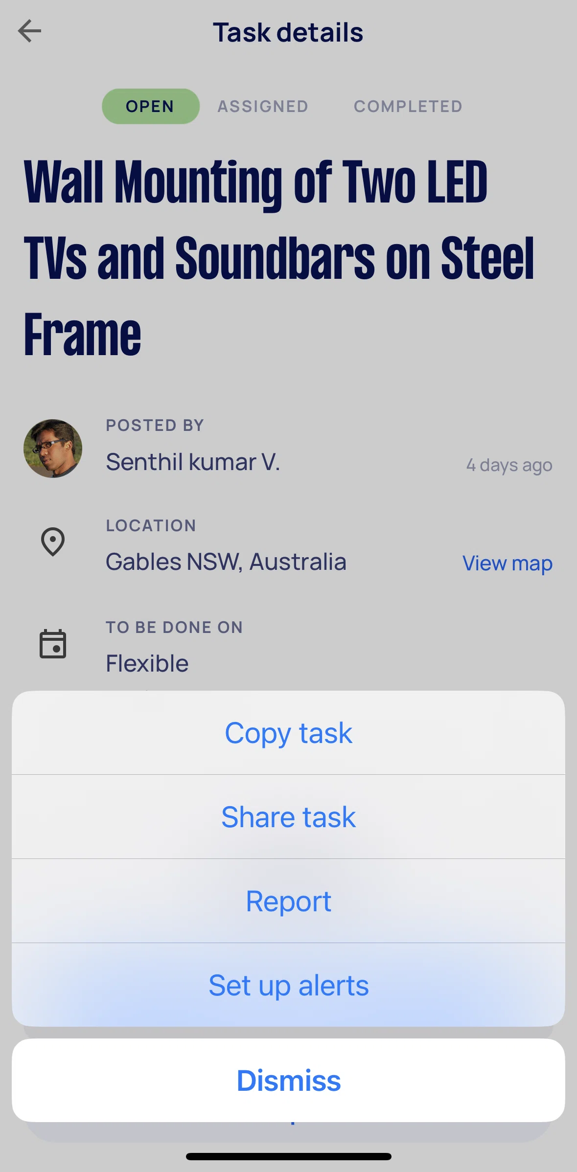 Airtasker Screen screen in the Reporting a task flow