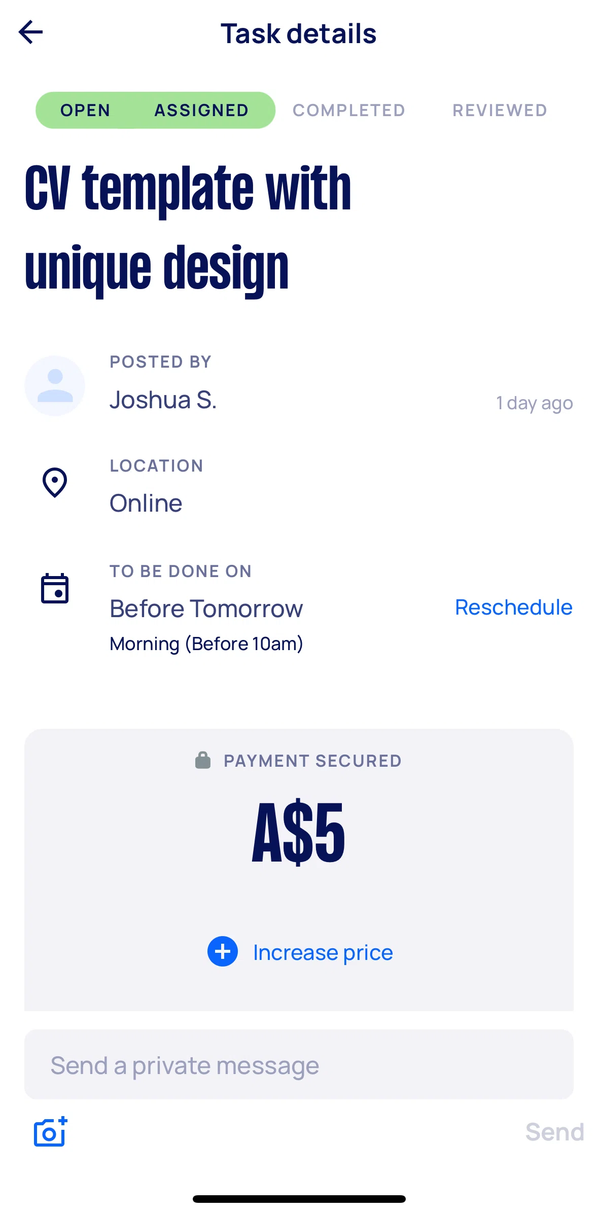 Airtasker Screen screen in the Rescheduling a task flow