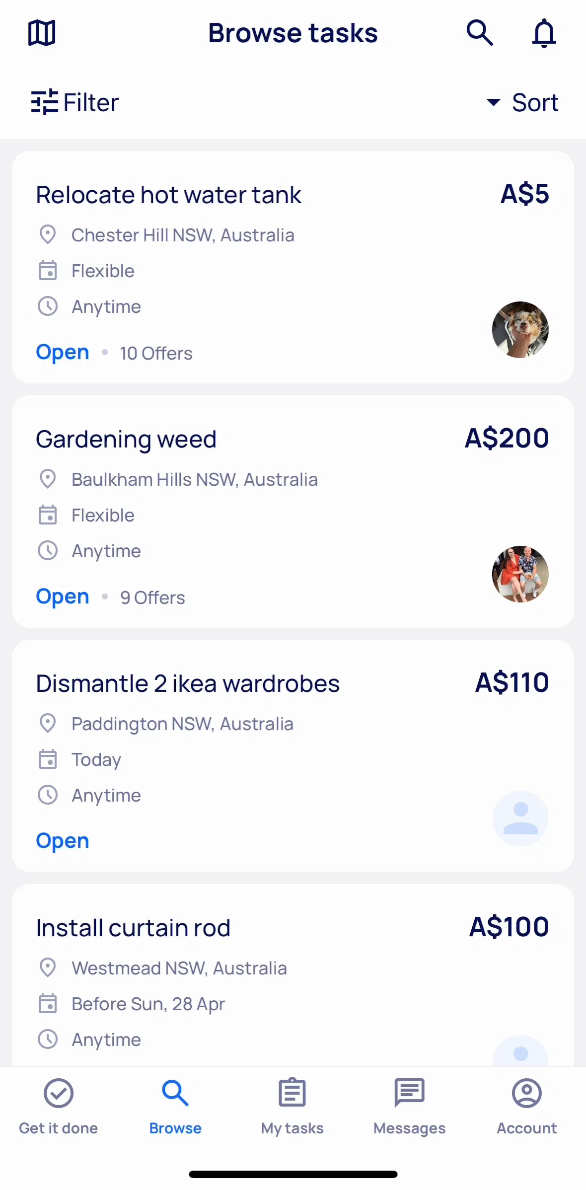 Airtasker Screen screen in the Searching tasks flow