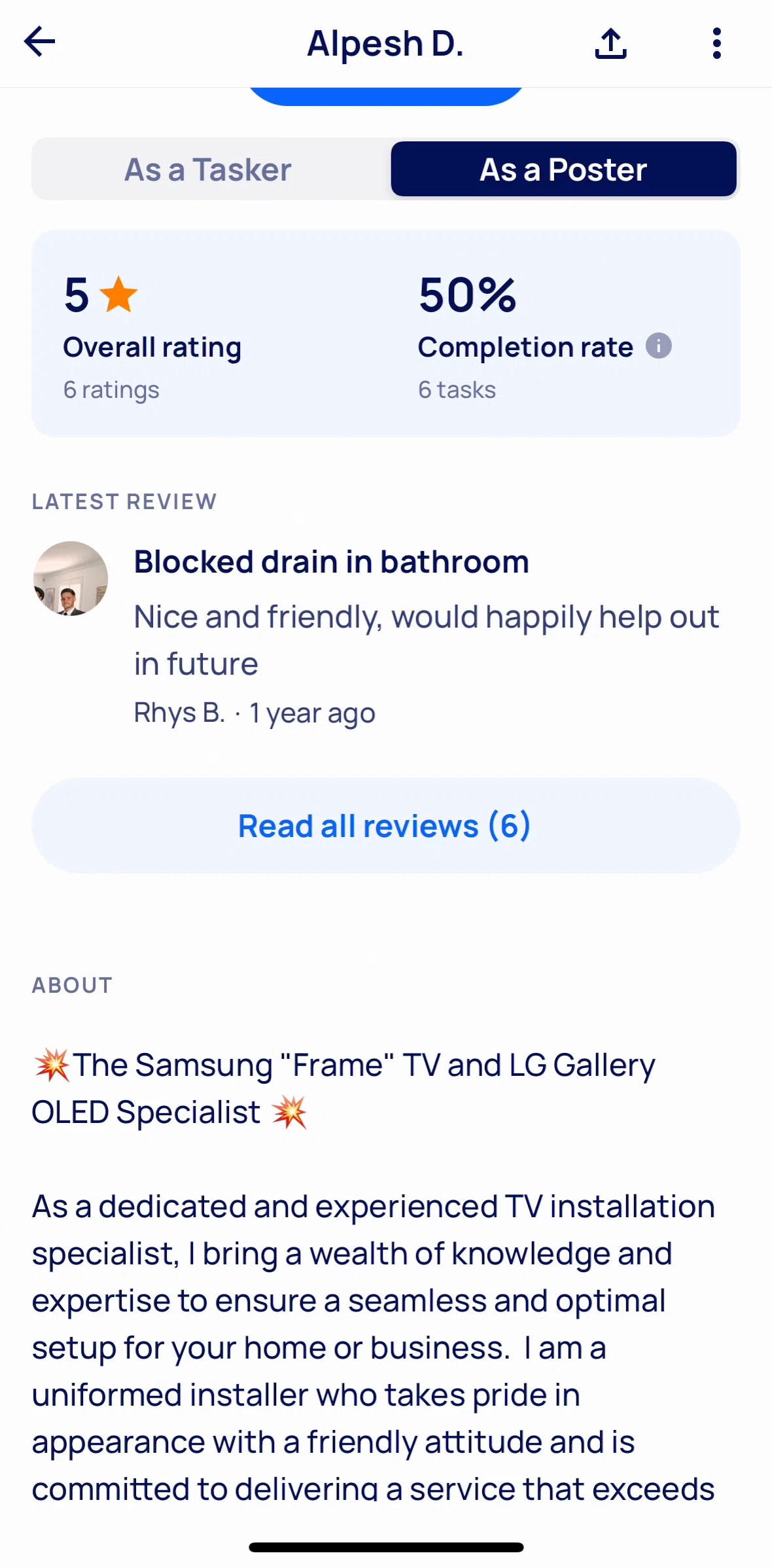 Airtasker Screen screen in the See all reviews flow