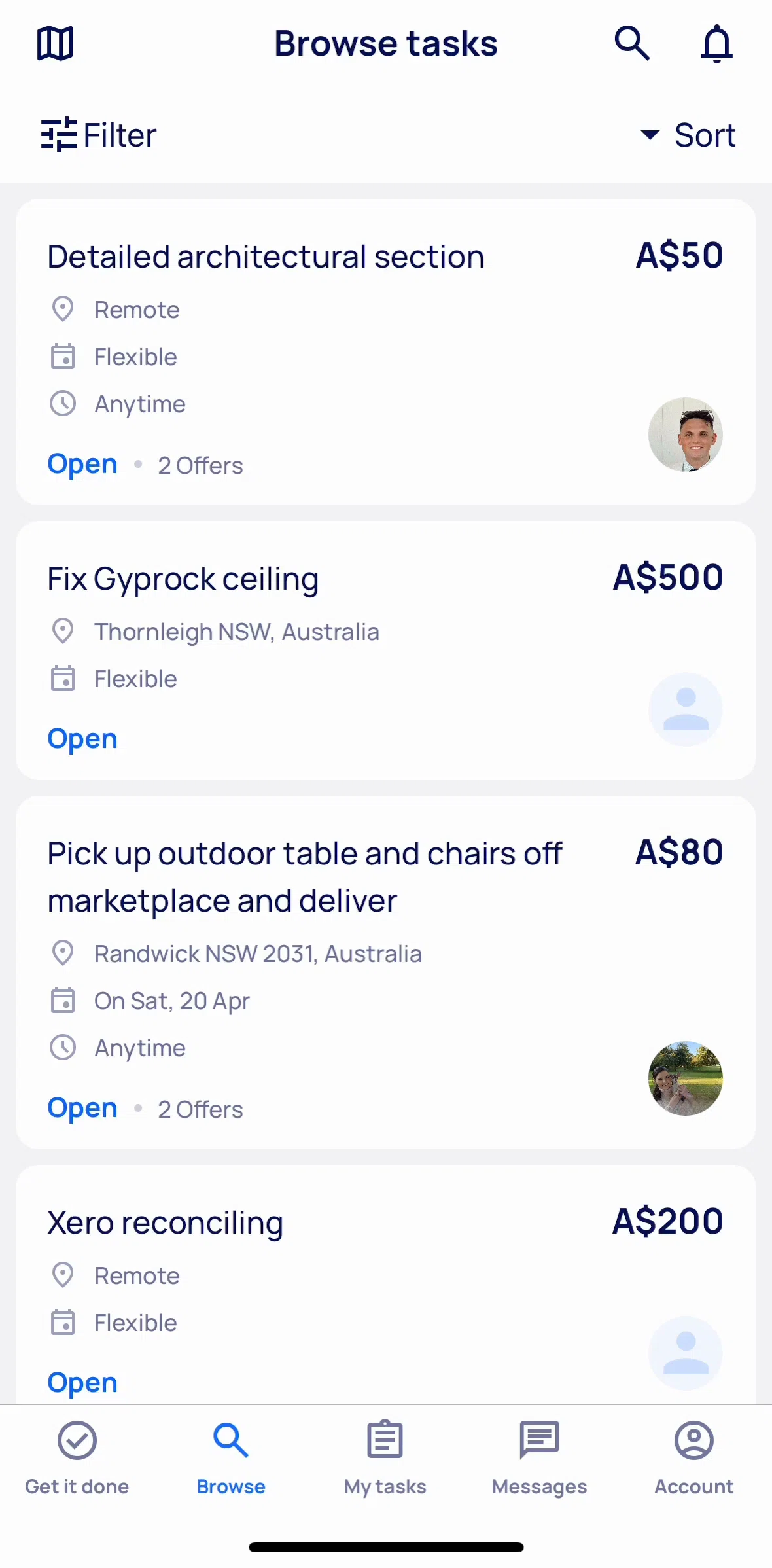 Airtasker Screen screen in the Sorting tasks flow