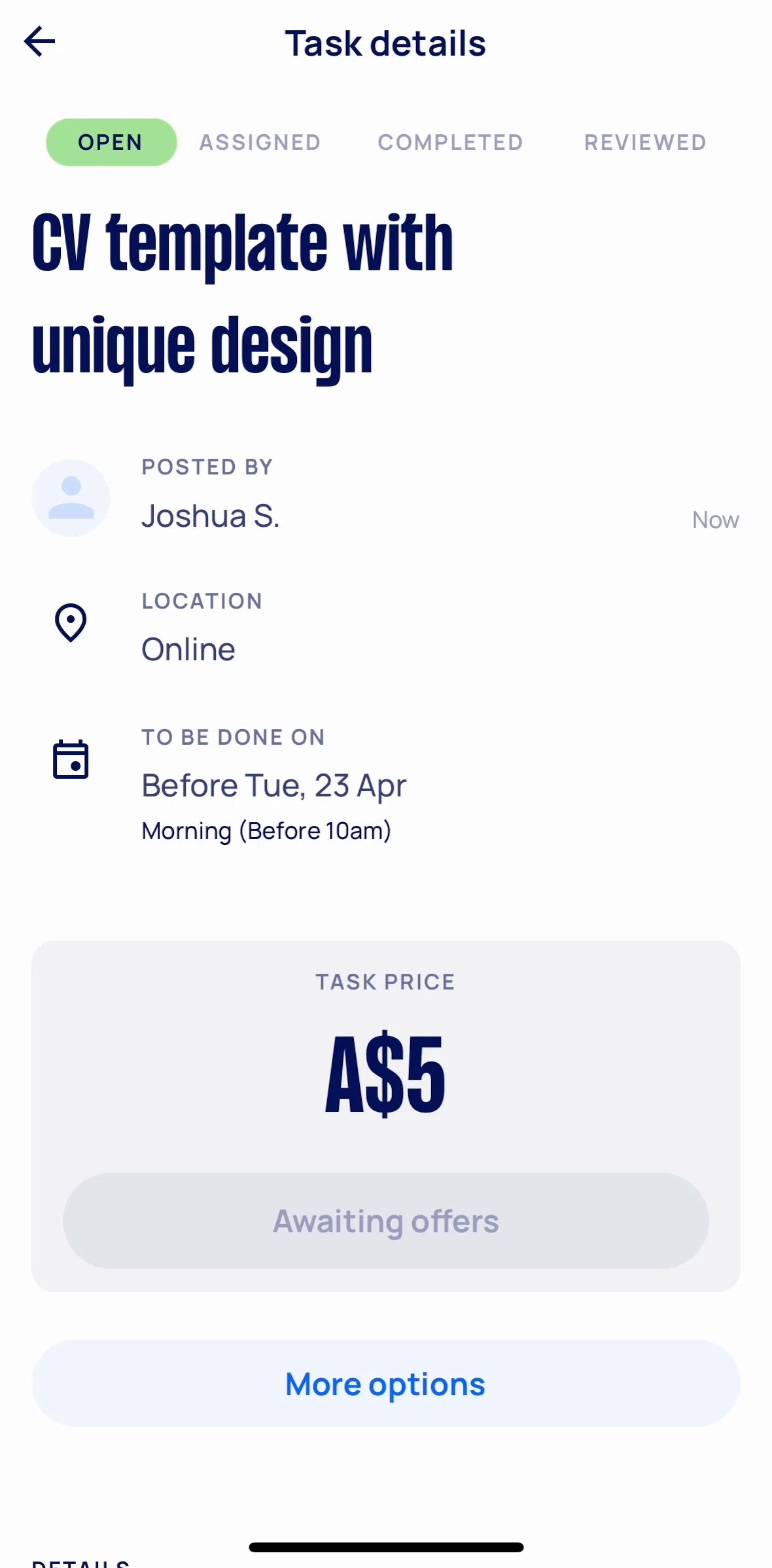 Airtasker Screen screen in the Task options flow