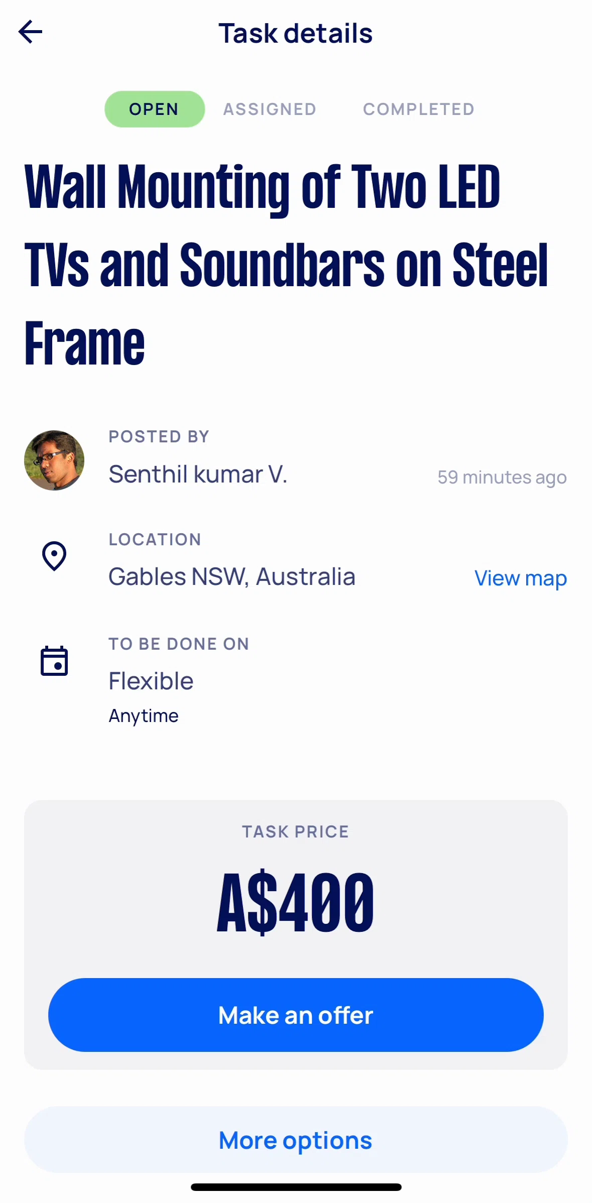 Airtasker Screen screen in the View map flow