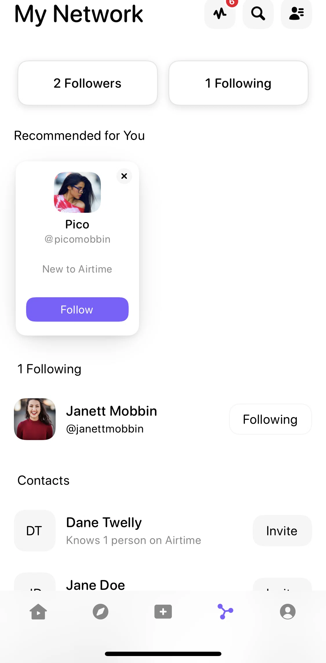 Airtime Screen screen in the Followers and following flow