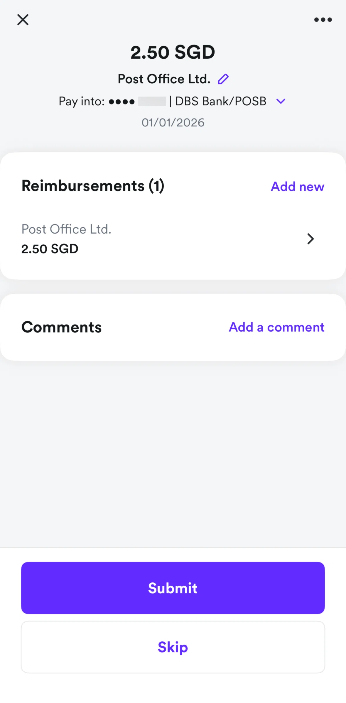 Airwallex Screen screen in the Adding a comment flow