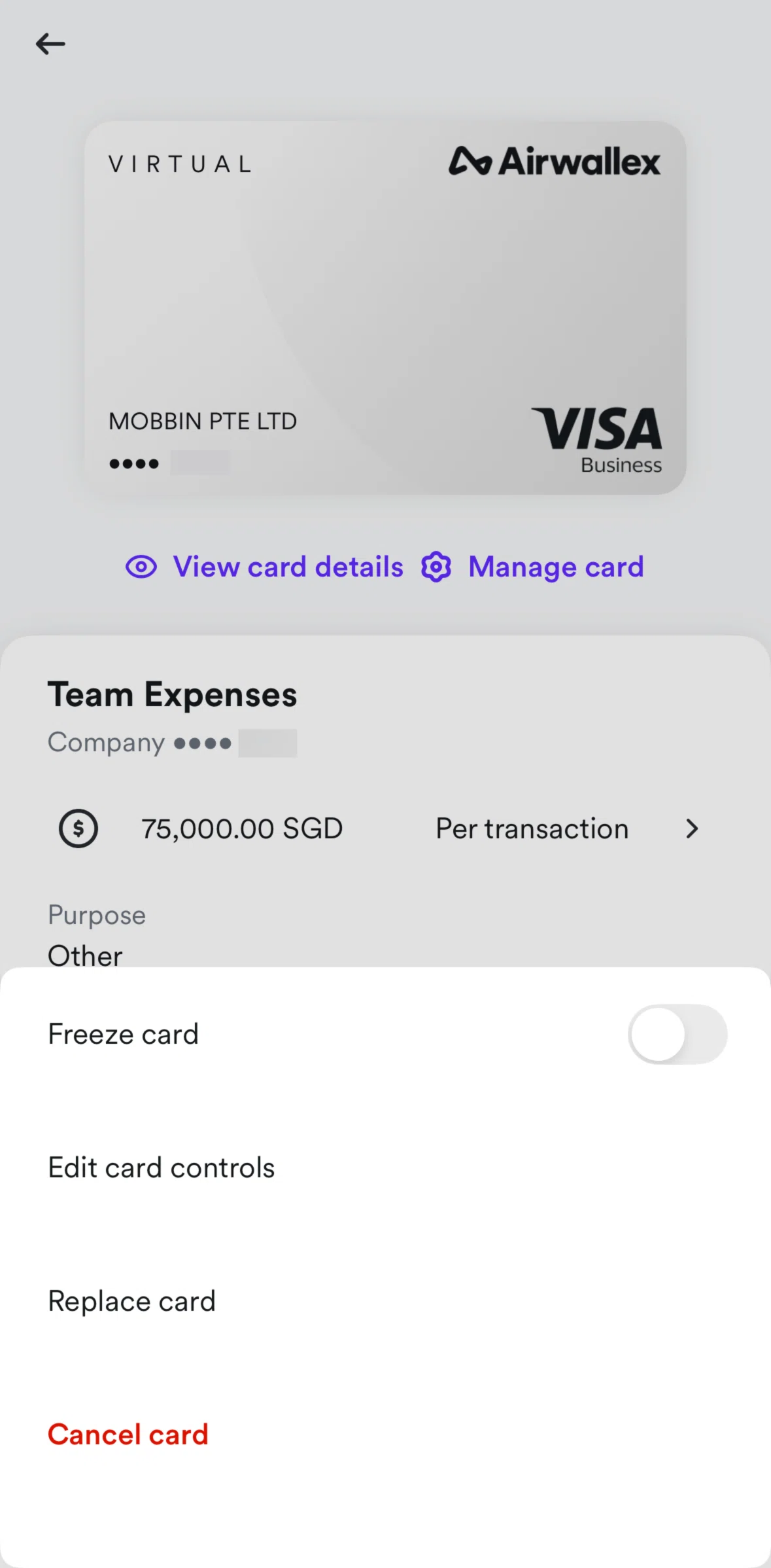 Airwallex Screen screen in the Canceling a card flow