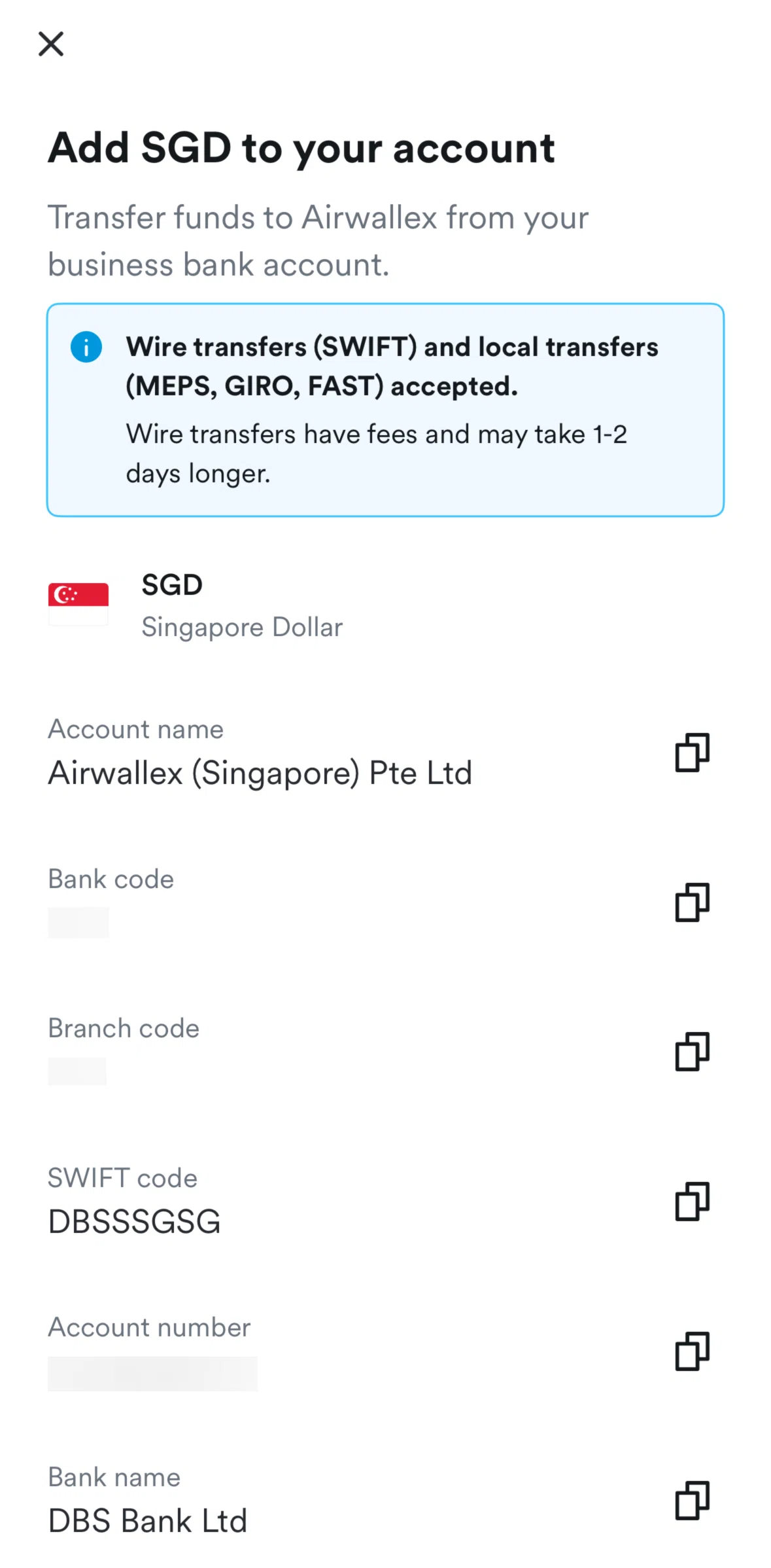 Airwallex Screen screen in the Copying an account number flow