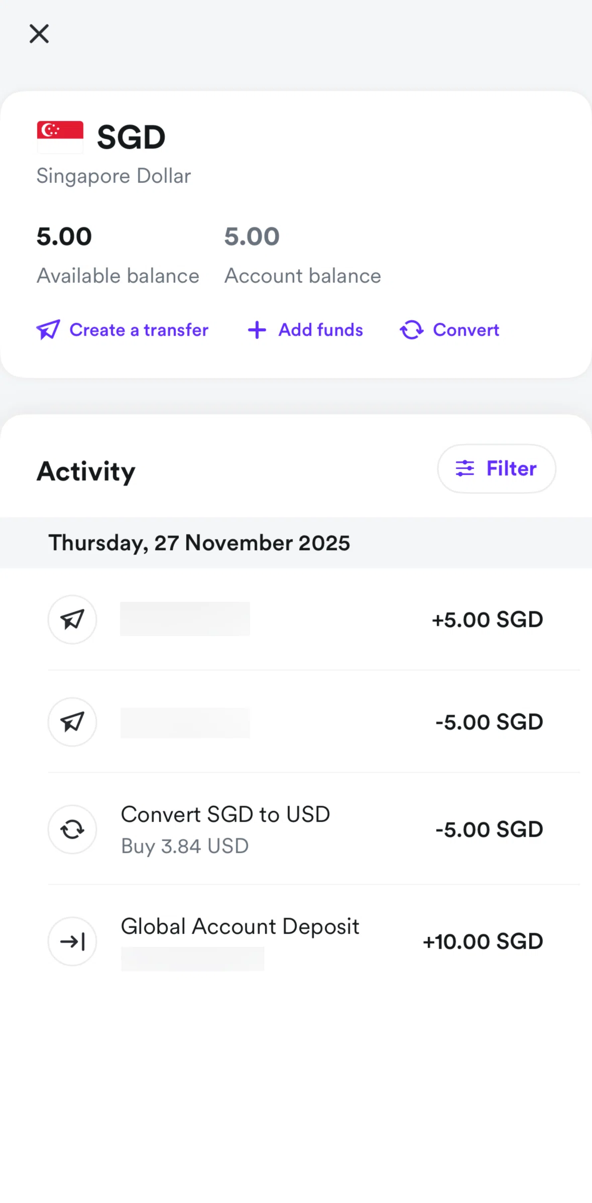 Airwallex Screen screen in the Filtering activities flow