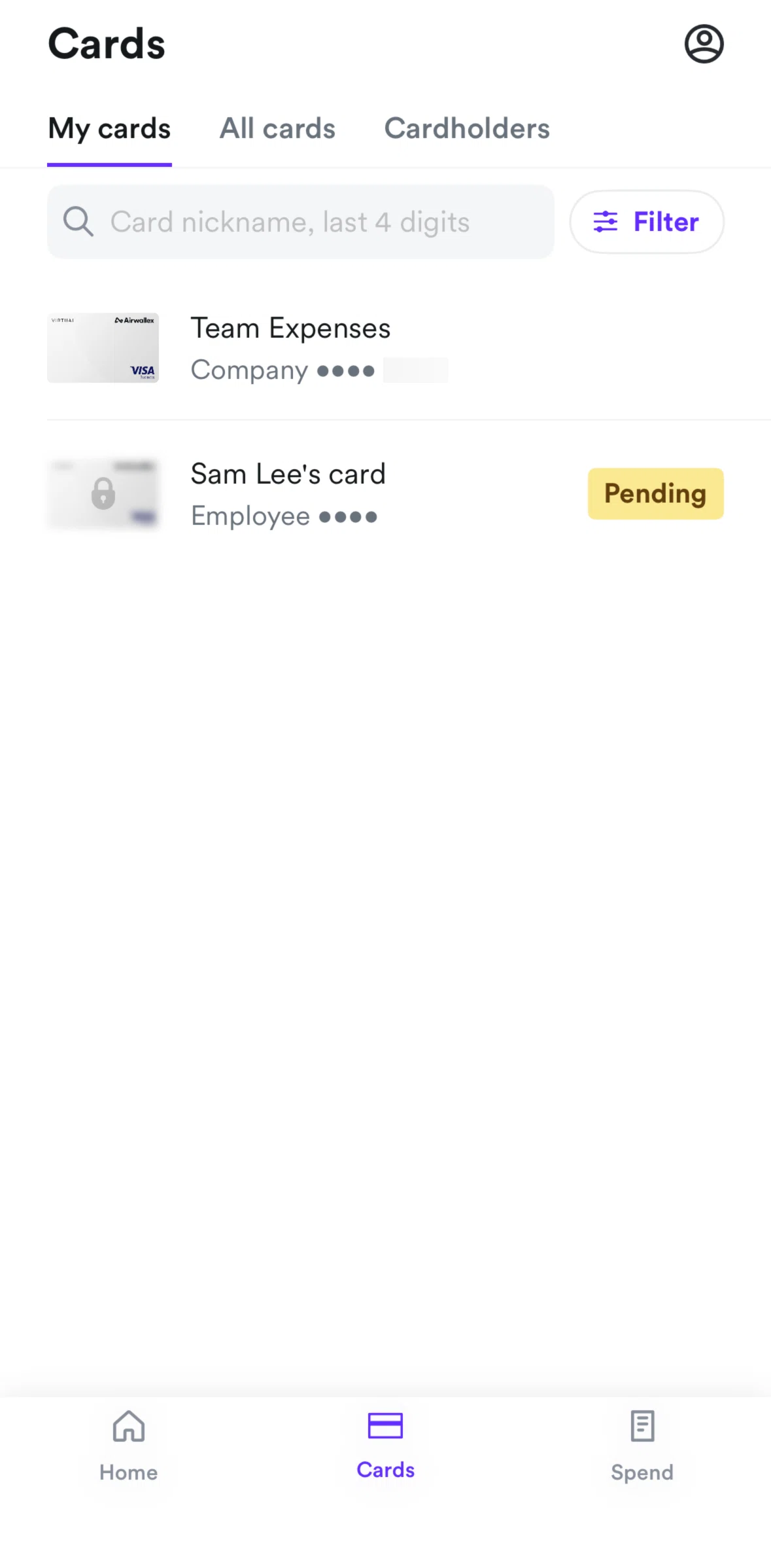 Airwallex Screen screen in the Filtering cards flow