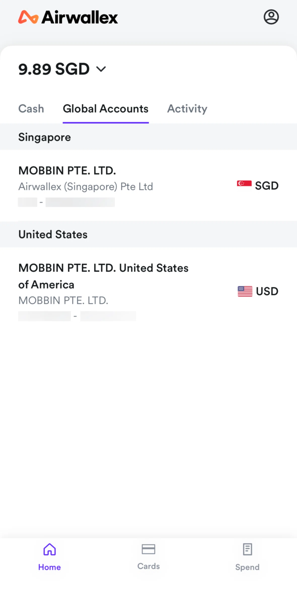 Airwallex Screen screen in the Global account detail flow
