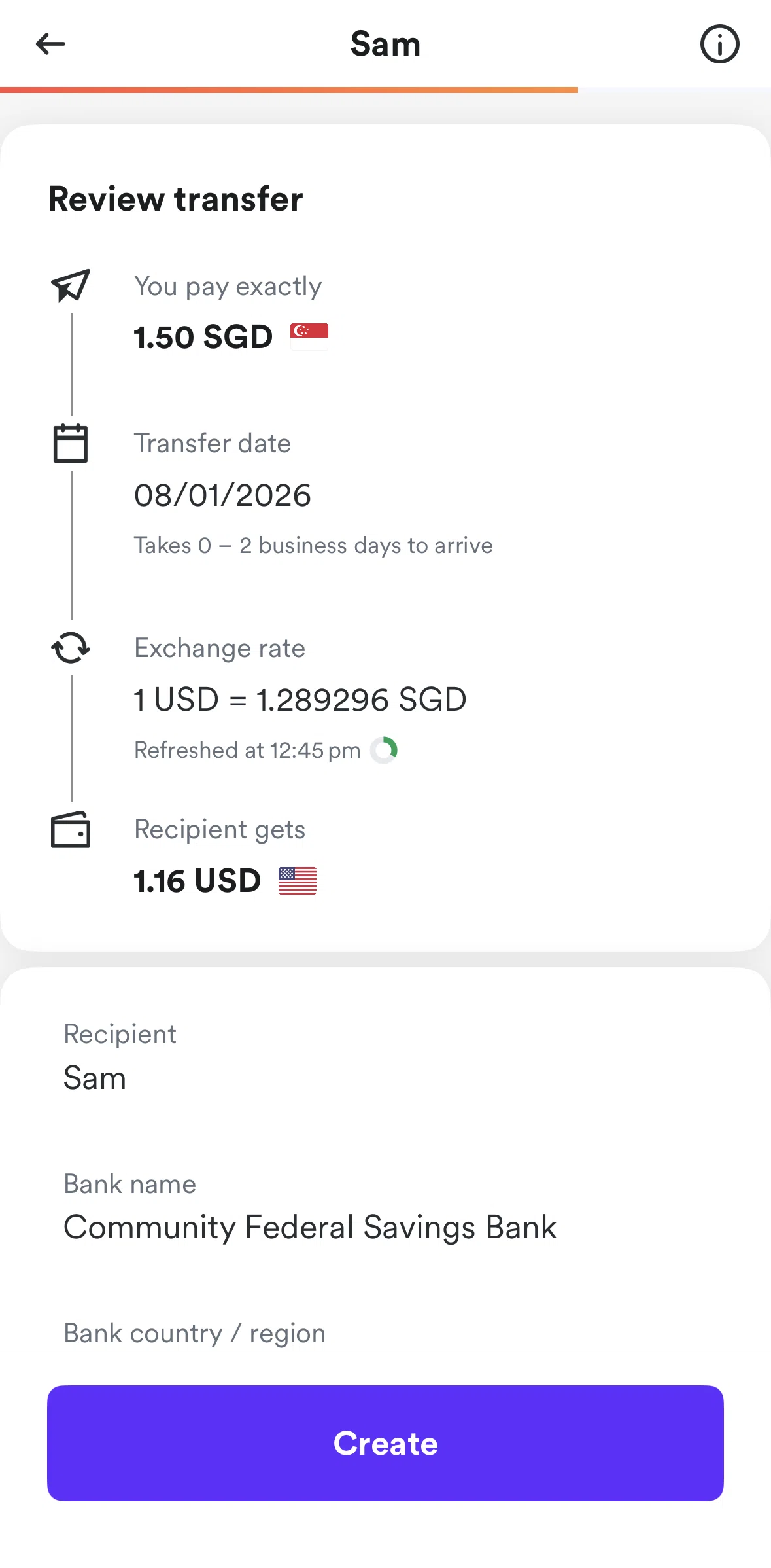 Airwallex Screen screen in the Recipient information flow