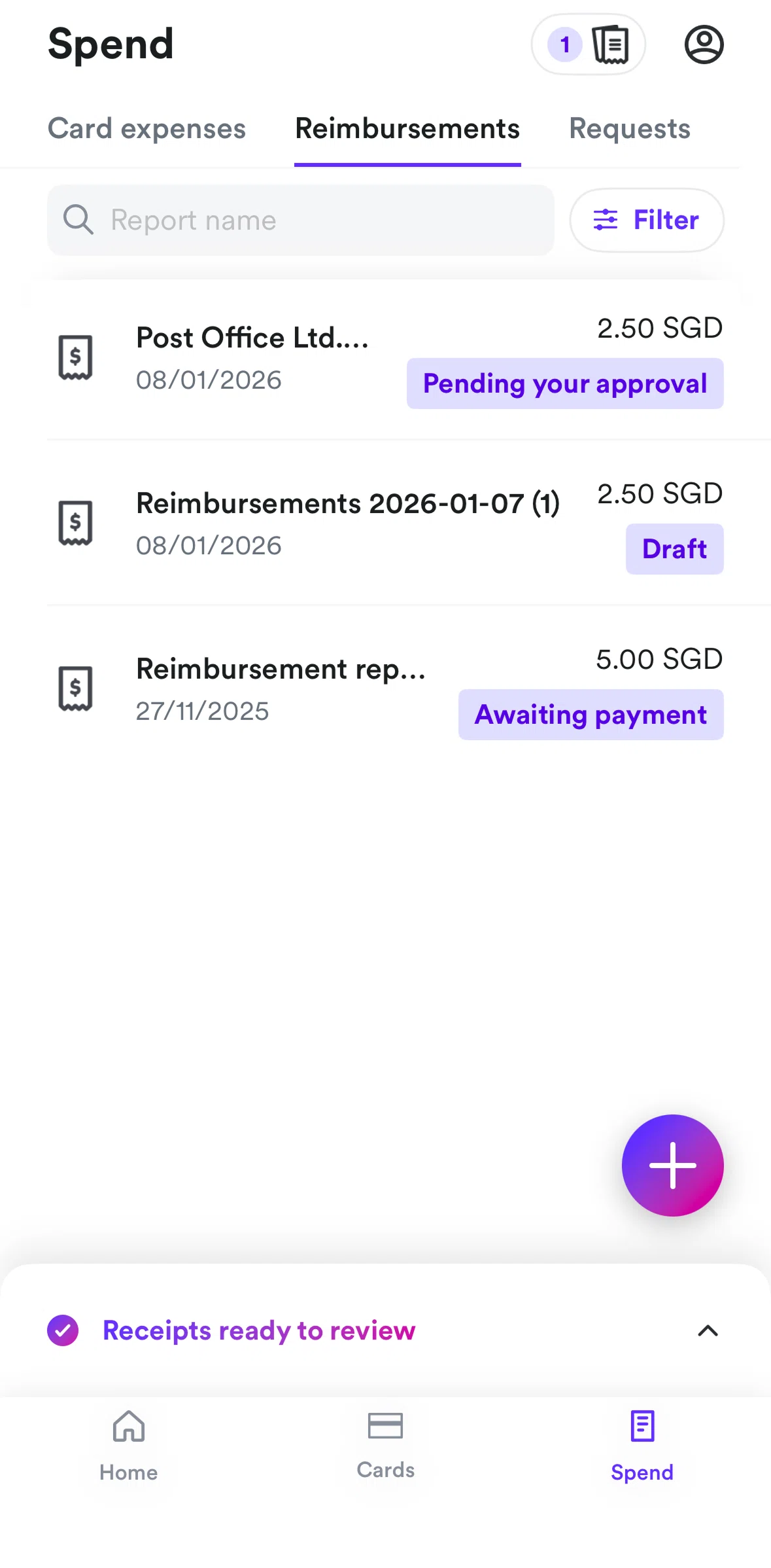 Airwallex Screen screen in the Reimbursement report detail flow