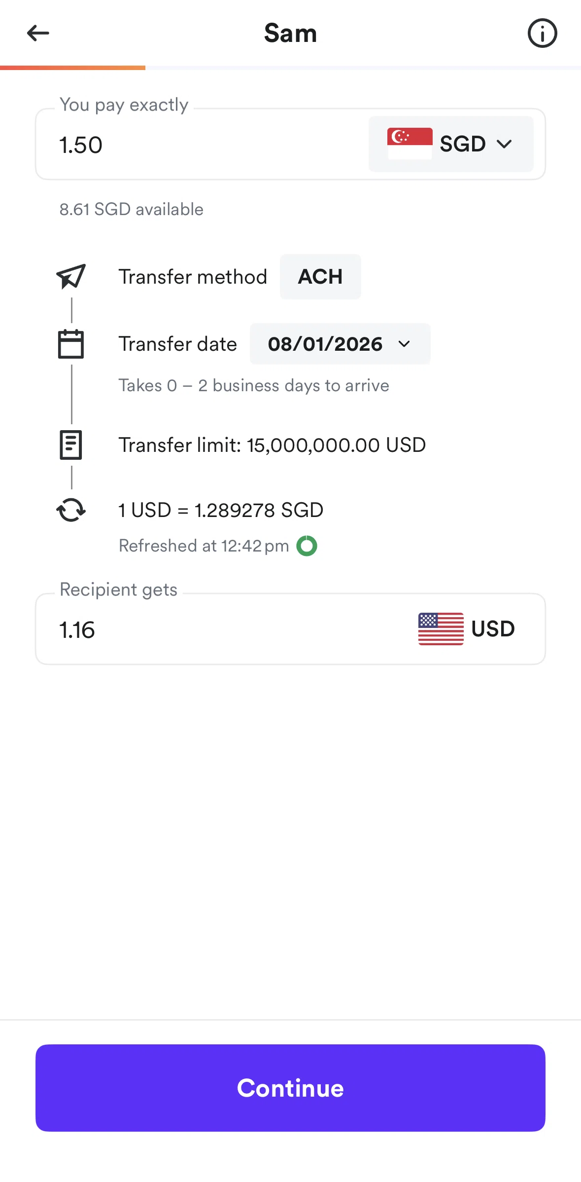 Airwallex Screen screen in the Scheduling a transfer flow