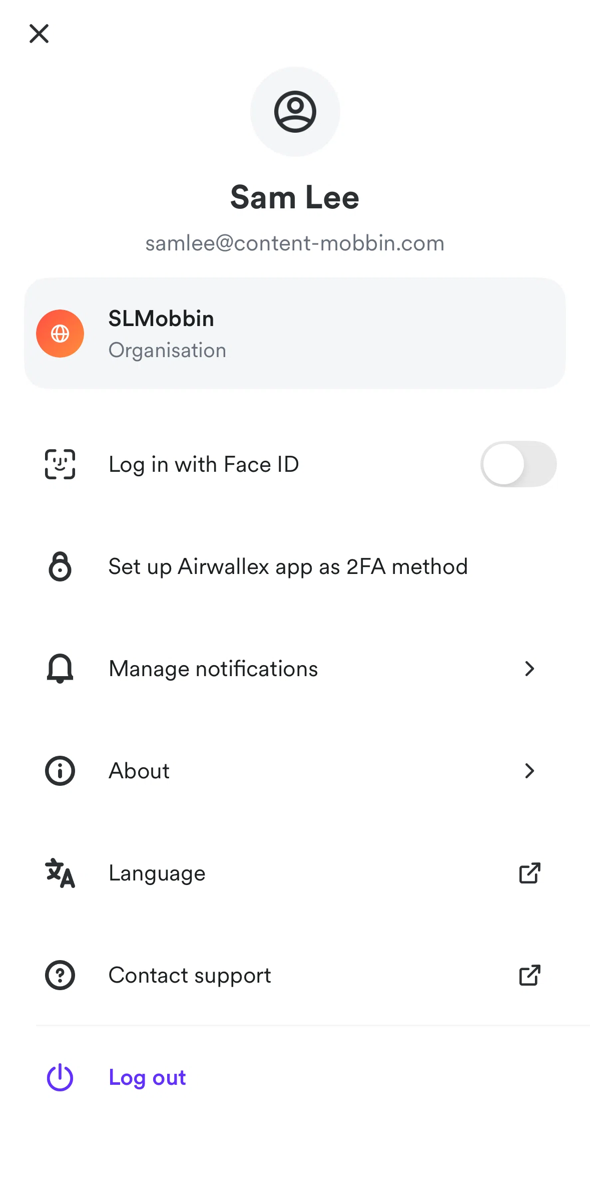 Airwallex Screen screen in the Turning on login with face ID flow