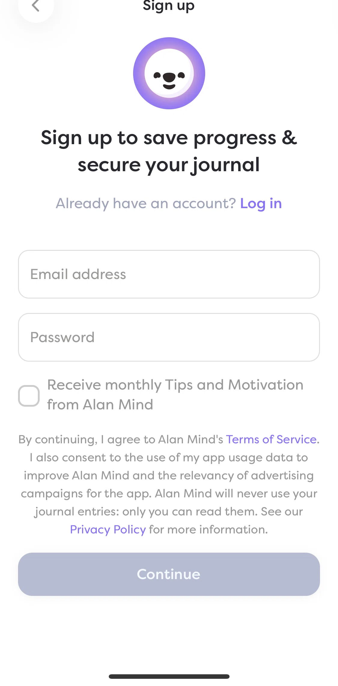 Alan Mind Screen screen in the Creating an account flow