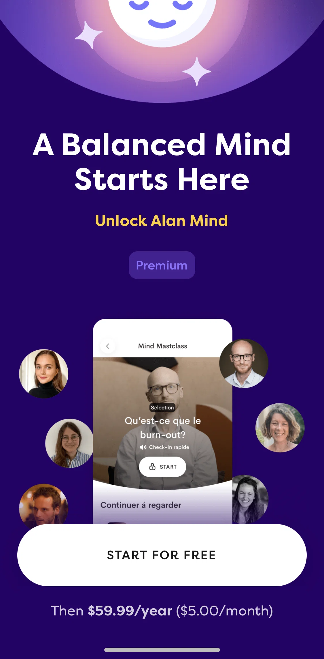 Alan Mind Screen screen in the Subscribing to premium flow