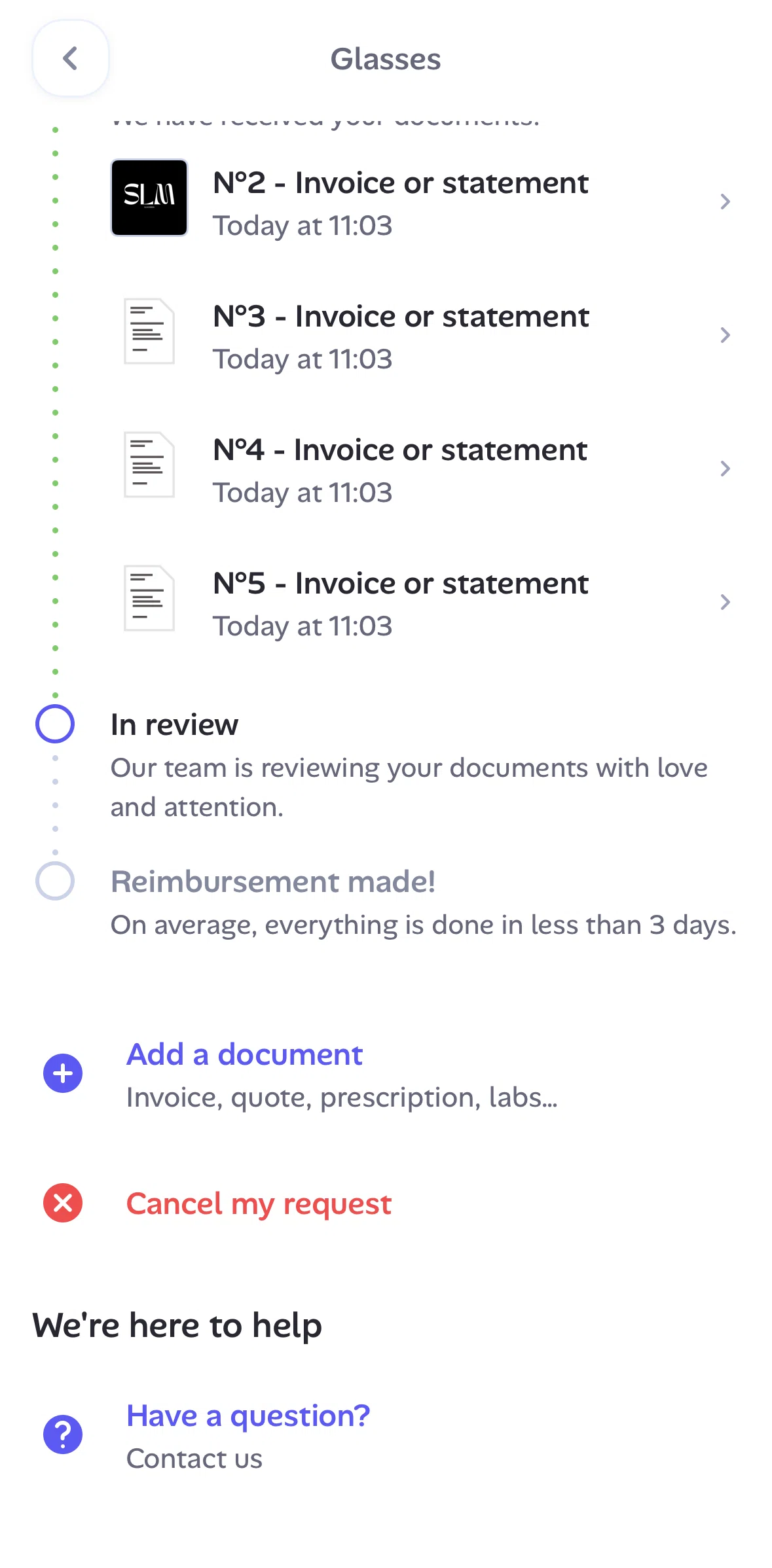 Alan Screen screen in the Canceling a reimbursement request flow