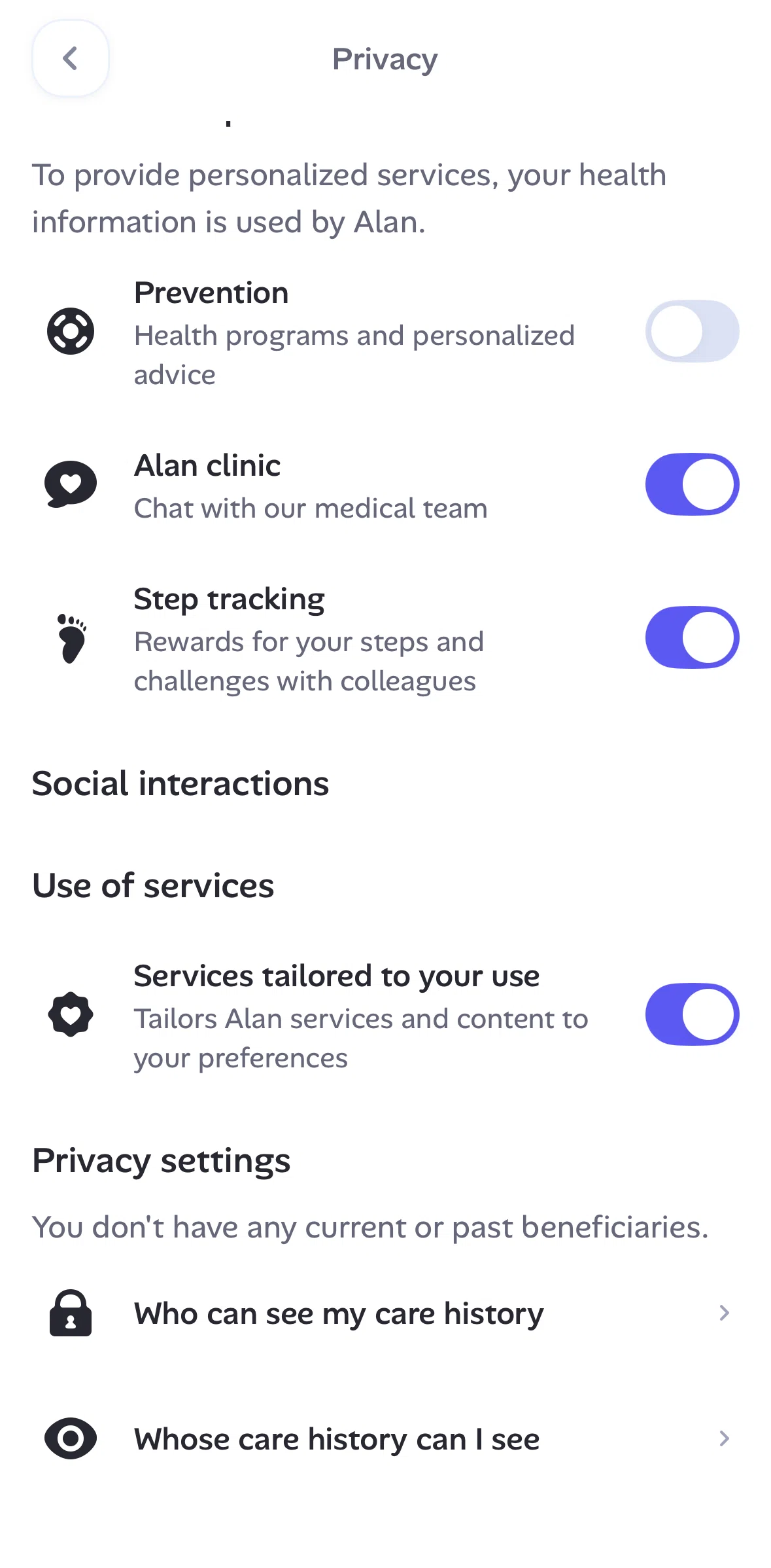 Alan Screen screen in the Care history visibility information flow