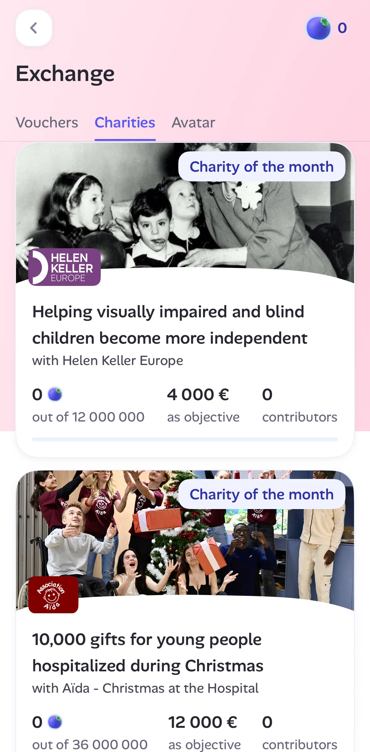Alan Screen screen in the Charities flow