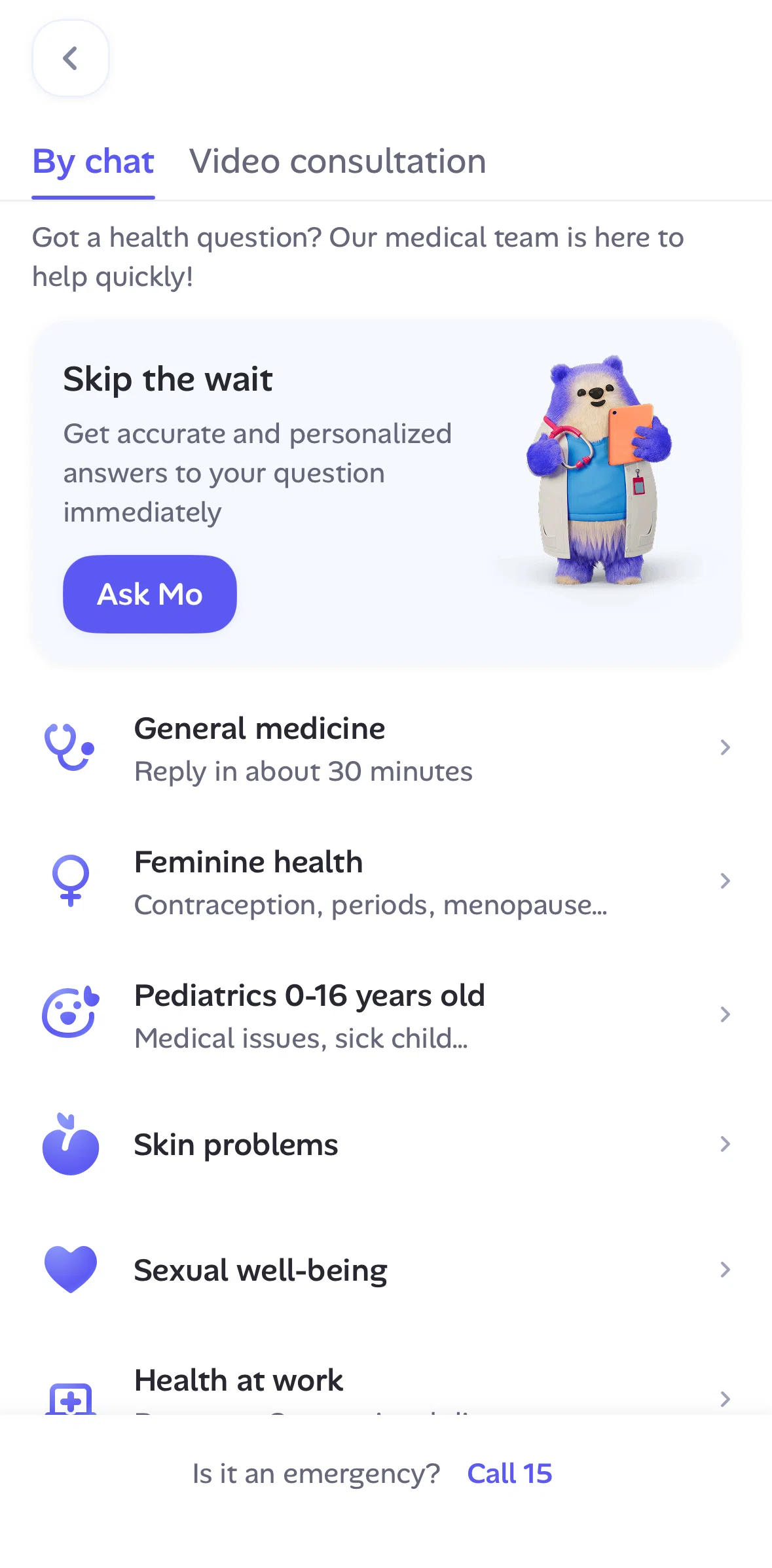 Alan Screen screen in the Chat with a doctor flow