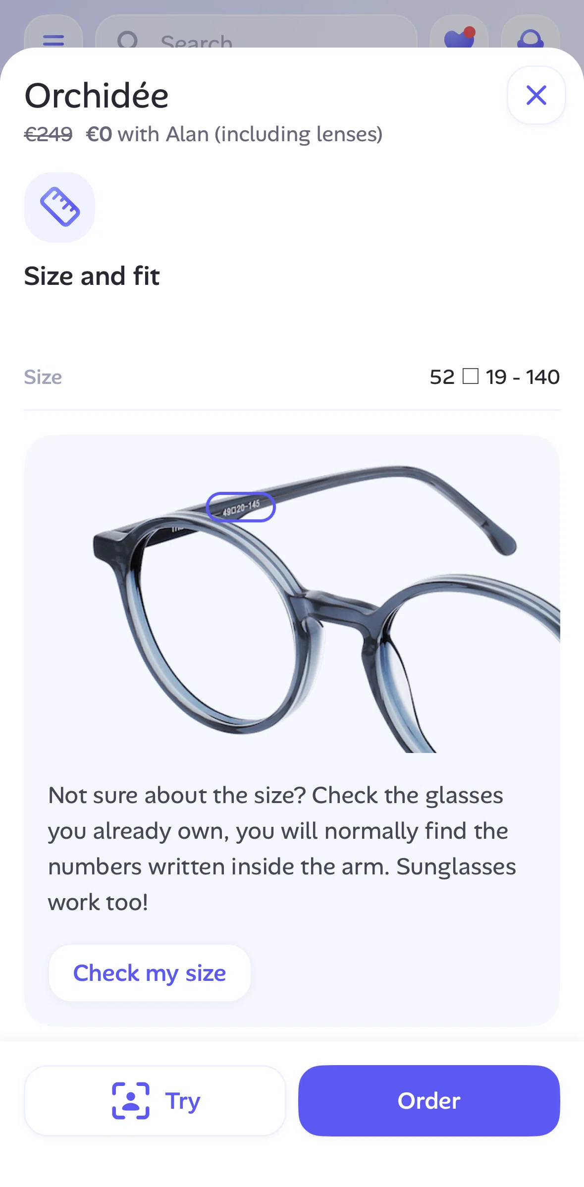 Alan Screen screen in the Checking glasses size flow