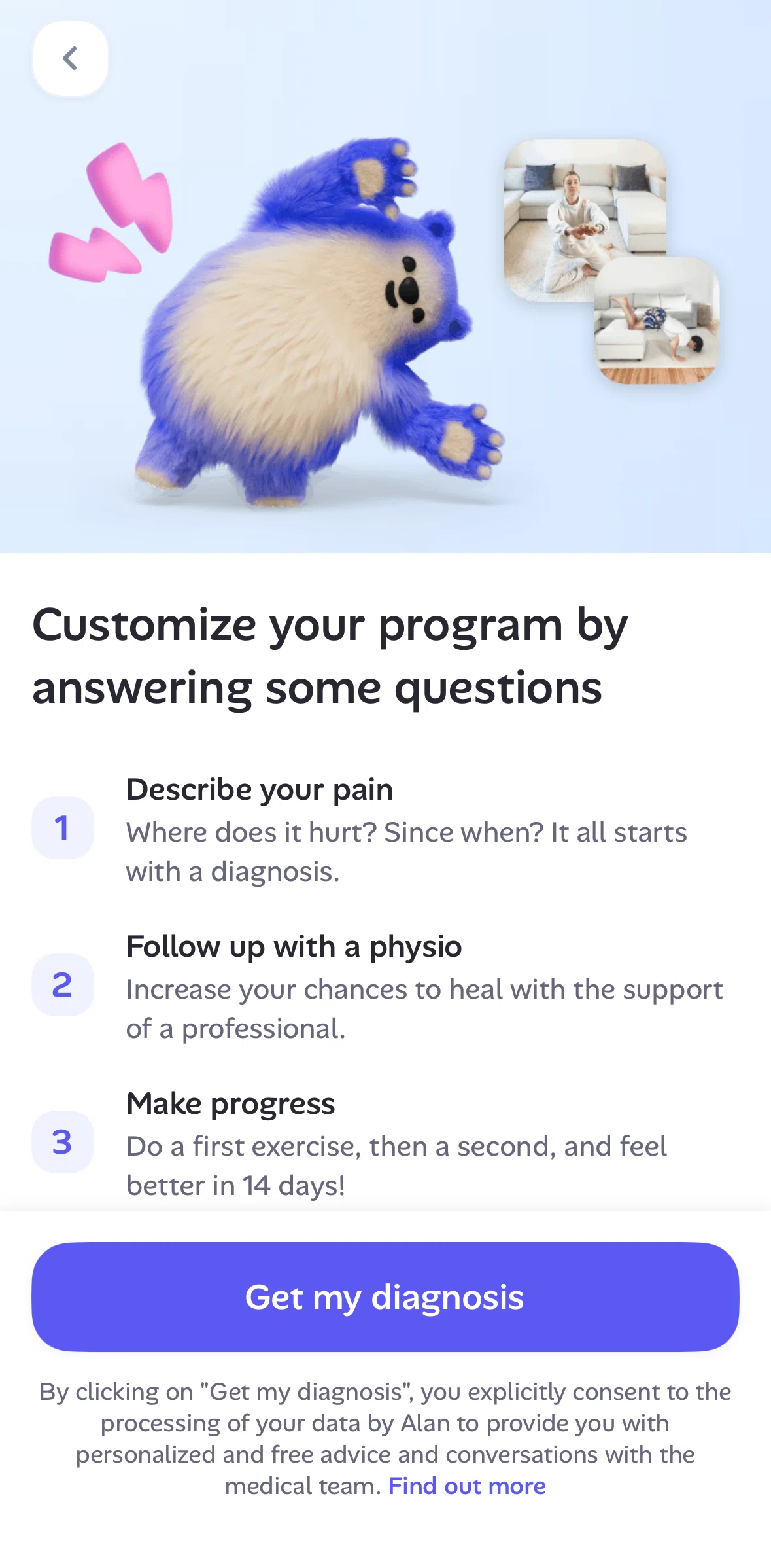 Alan Screen screen in the Completing questionnaires (back pain) flow