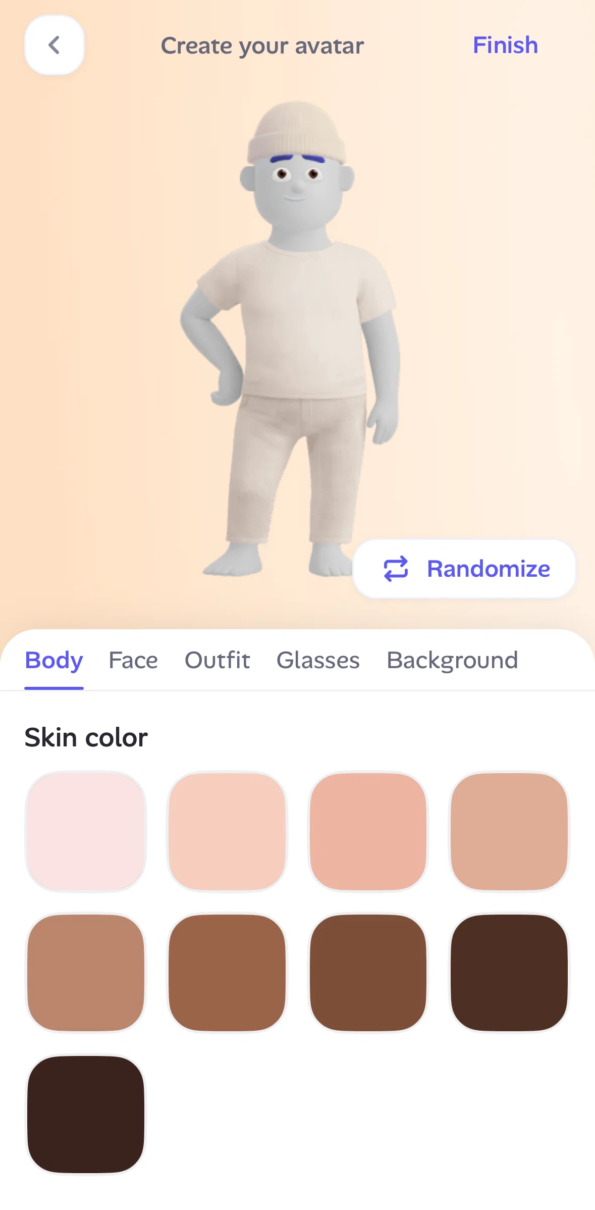 Alan Screen screen in the Customizing an avatar (randomize) flow