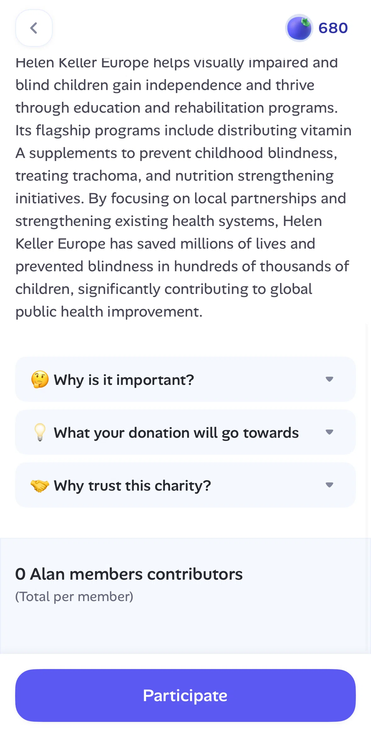 Alan Screen screen in the Donate to a charity flow