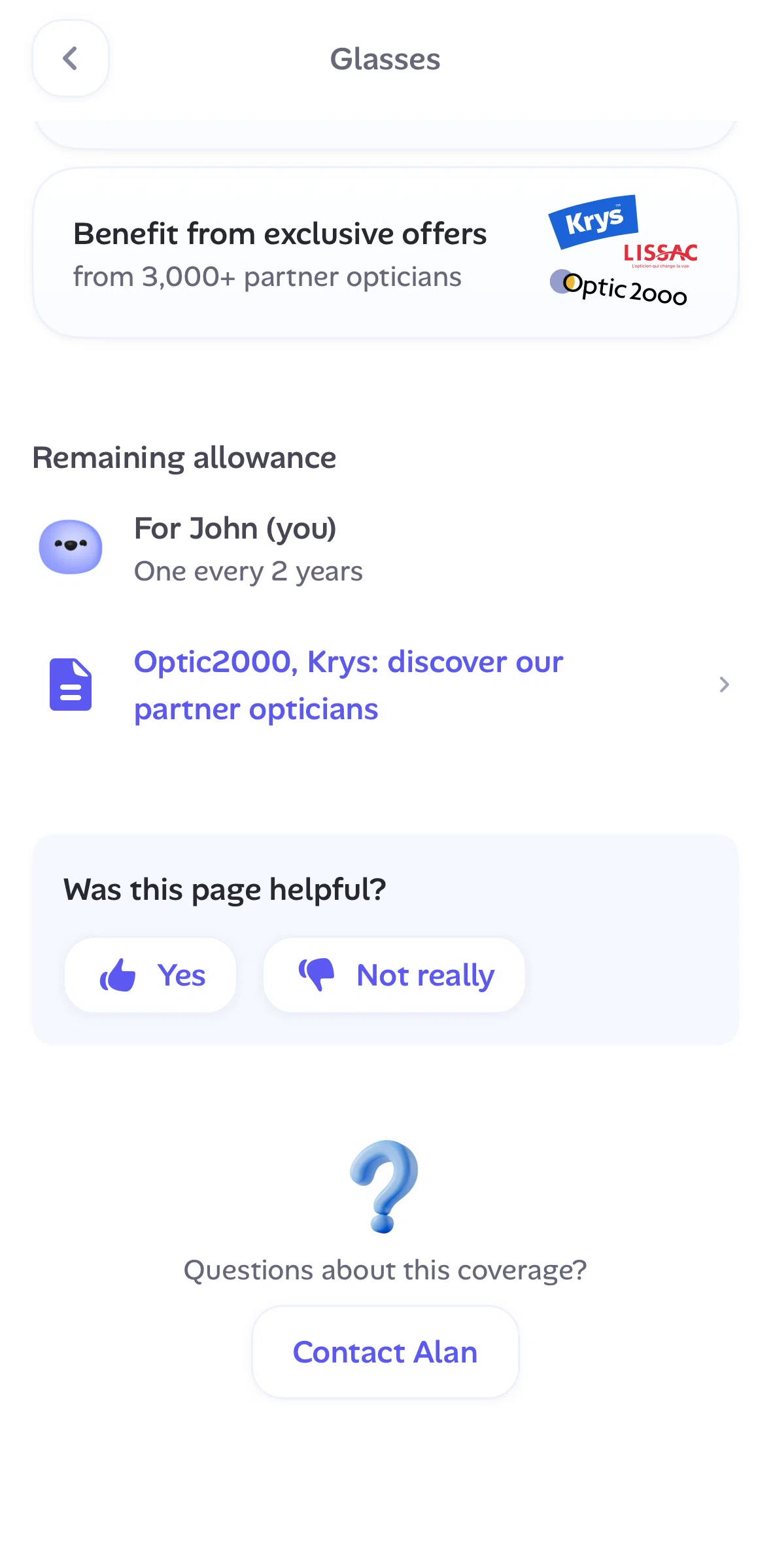 Alan Screen screen in the Giving feedback (coverage) flow