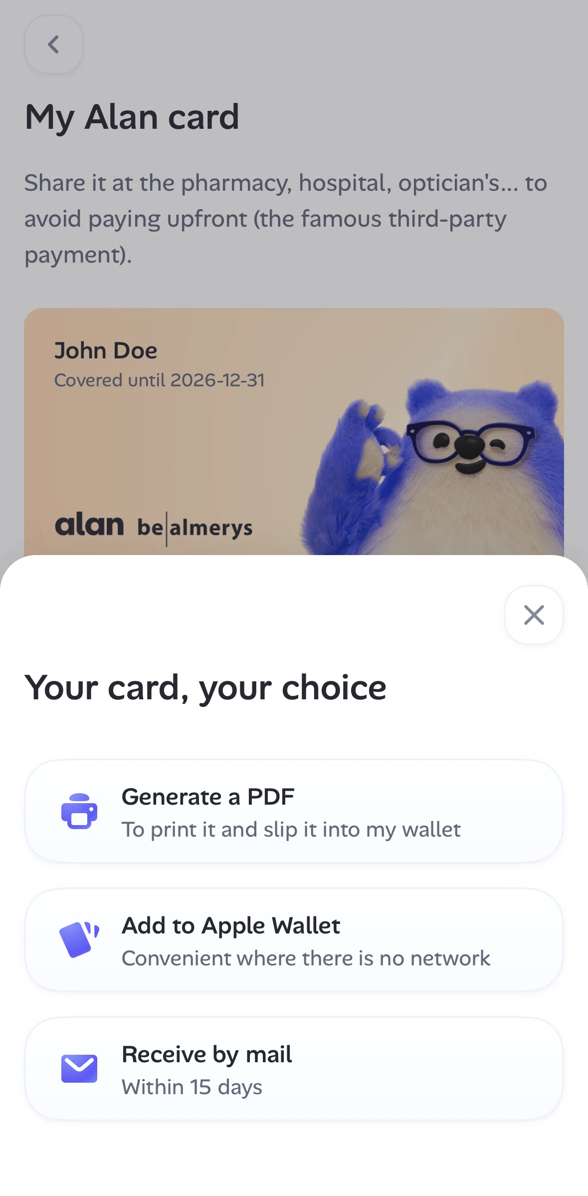 Alan Screen screen in the Sending a physical card flow