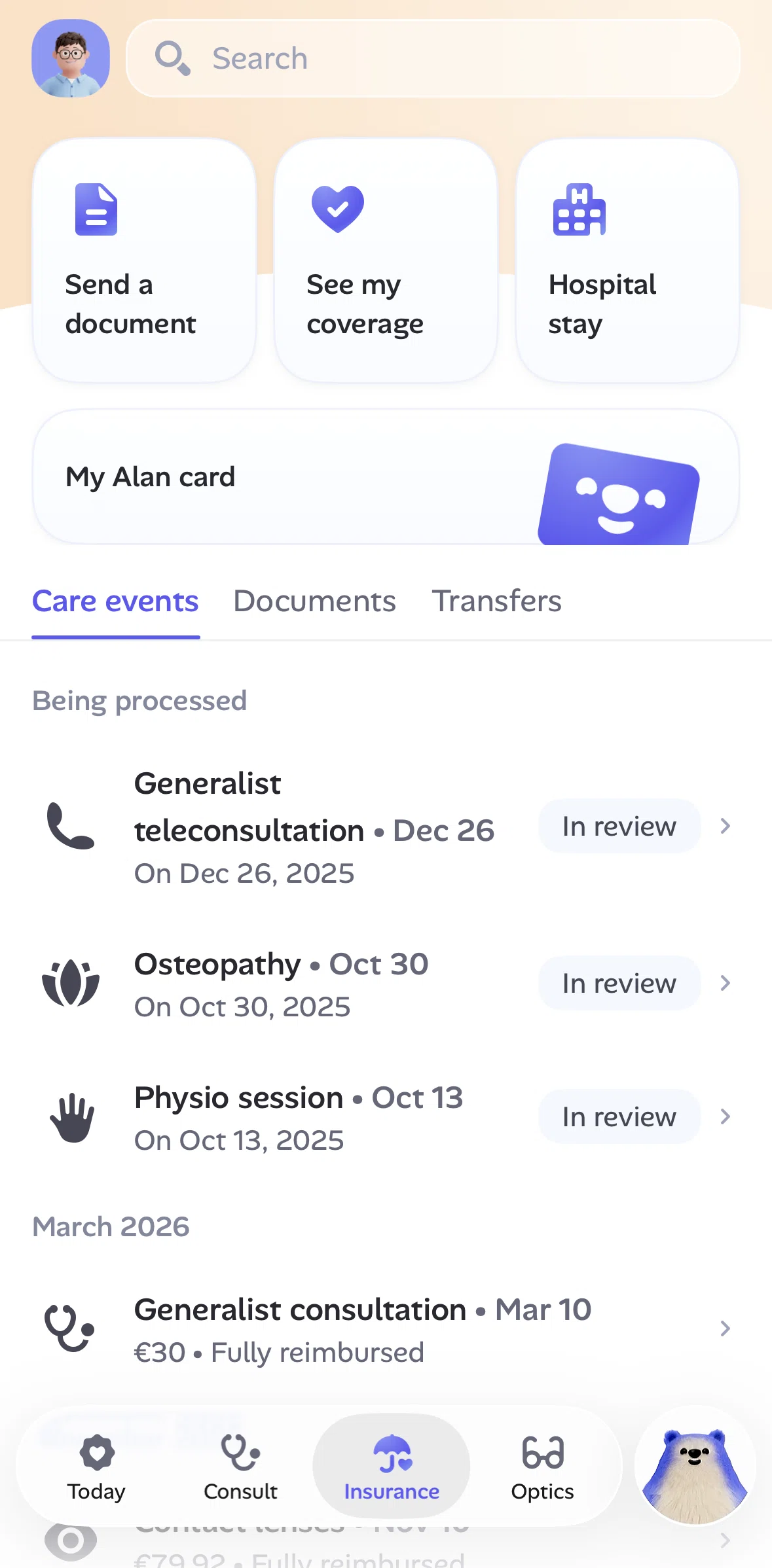 Alan Screen screen in the Submitting a reimbursement claim (document) flow