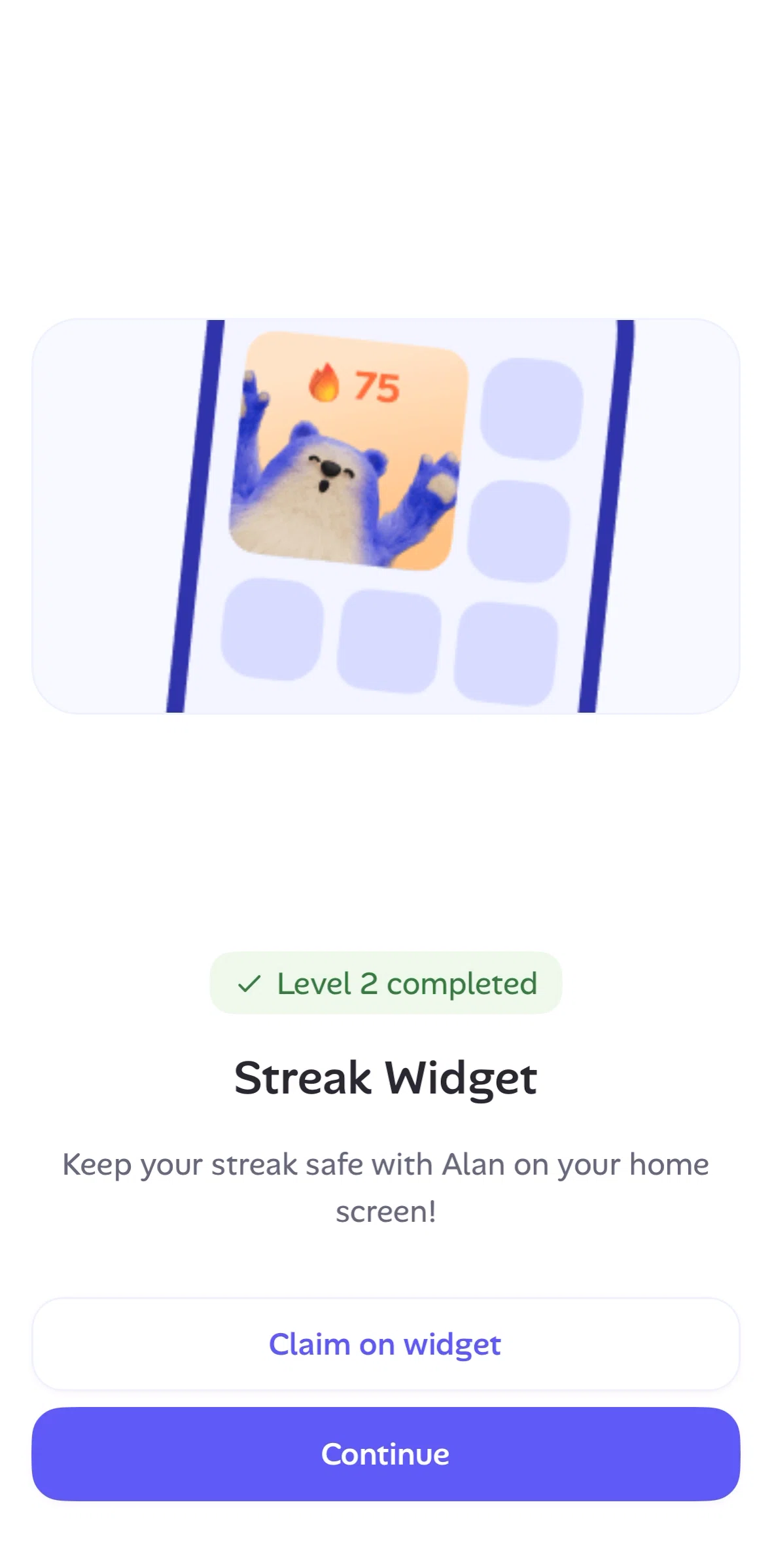 Alan Screen screen in the Widget tutorial flow