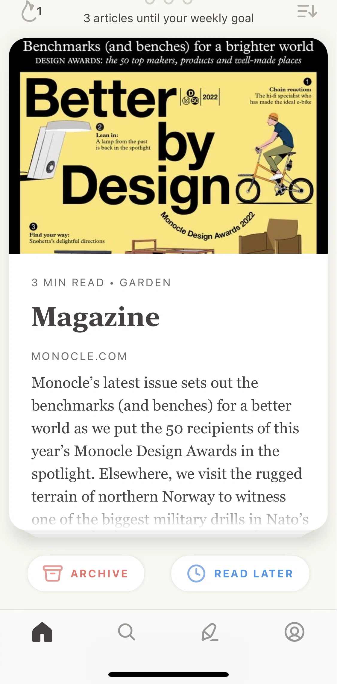Alfread Screen screen in the Filtering articles by quick reads flow